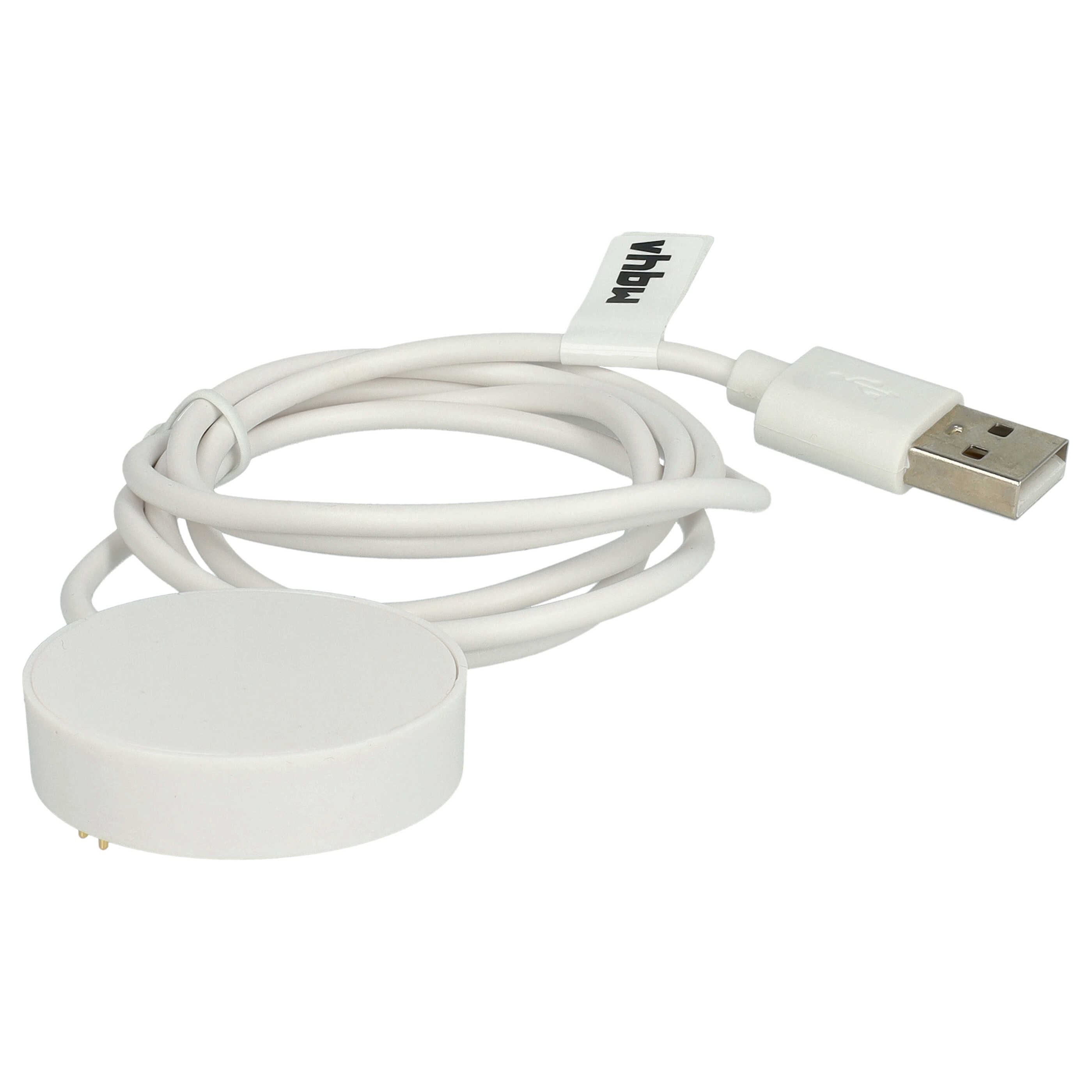 Ein weißes Smartwatch-Ladekabel mit USB-Anschluss und runder Magnet-Ladefläche auf weißem Hintergrund.