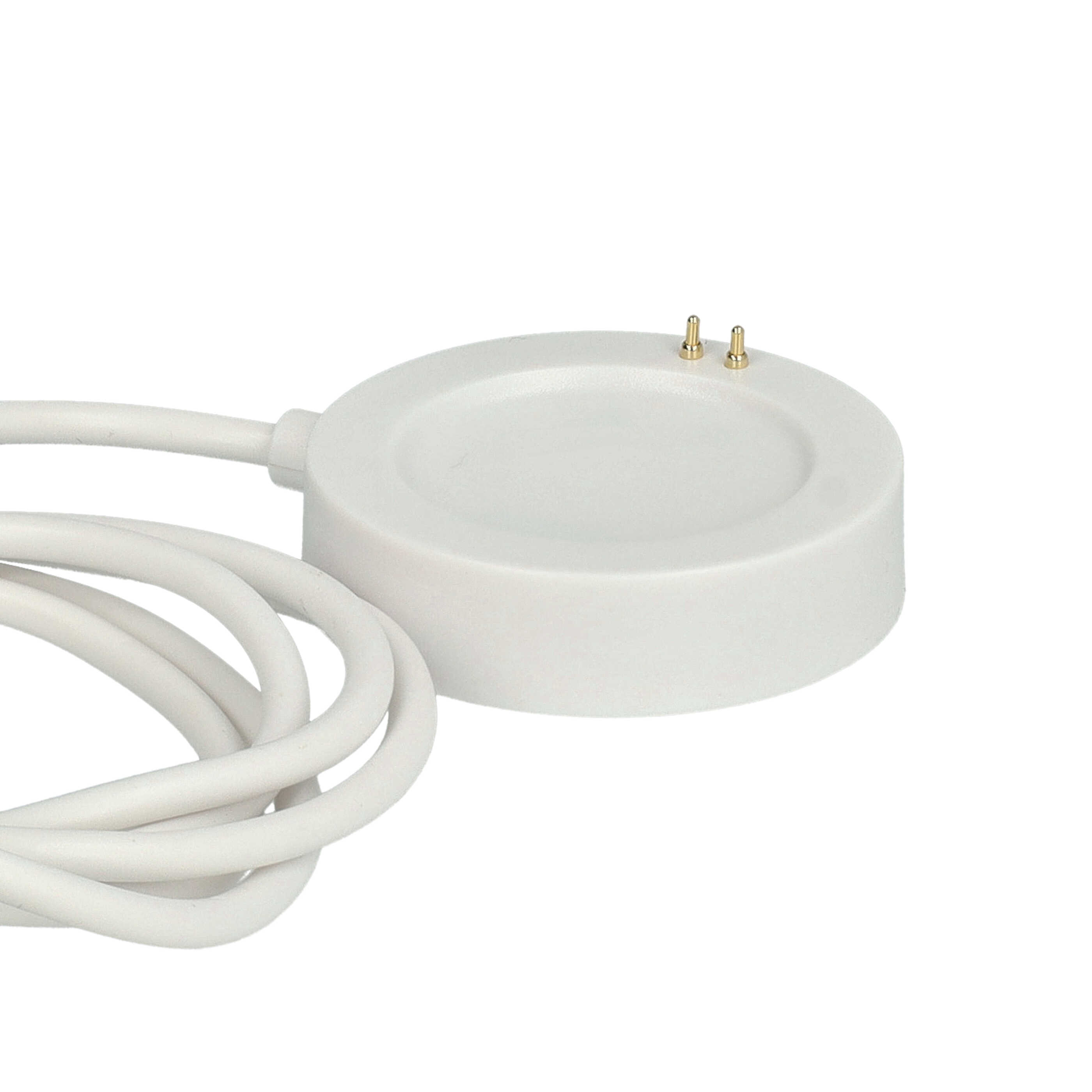 Ein weißes Ladekabel mit einer runden Ladestation und zwei goldenen Pins auf weißem Hintergrund.