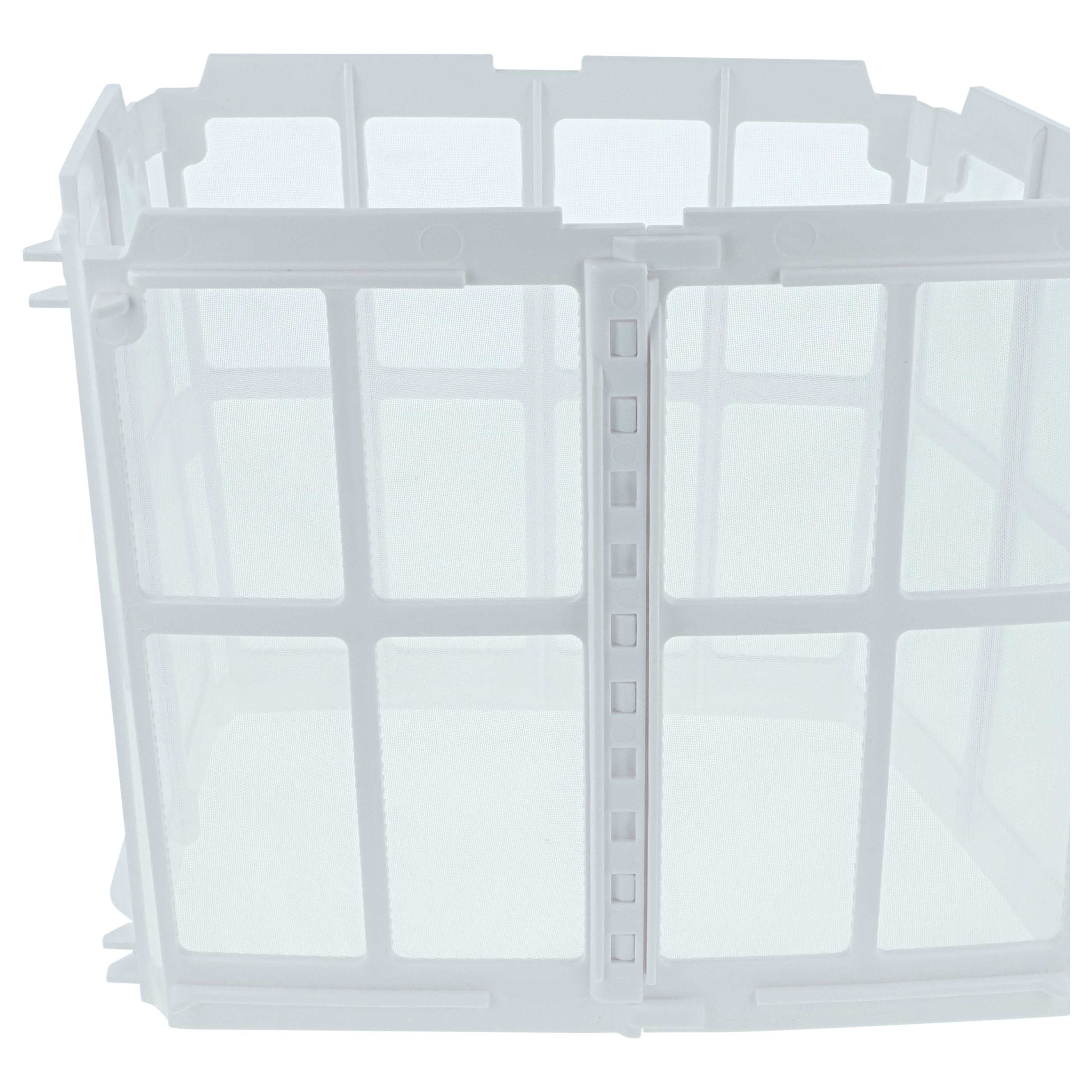 Ein weißer, quadratischer Plastikfilter mit Netz und Clips für ein Haushaltsgerät.