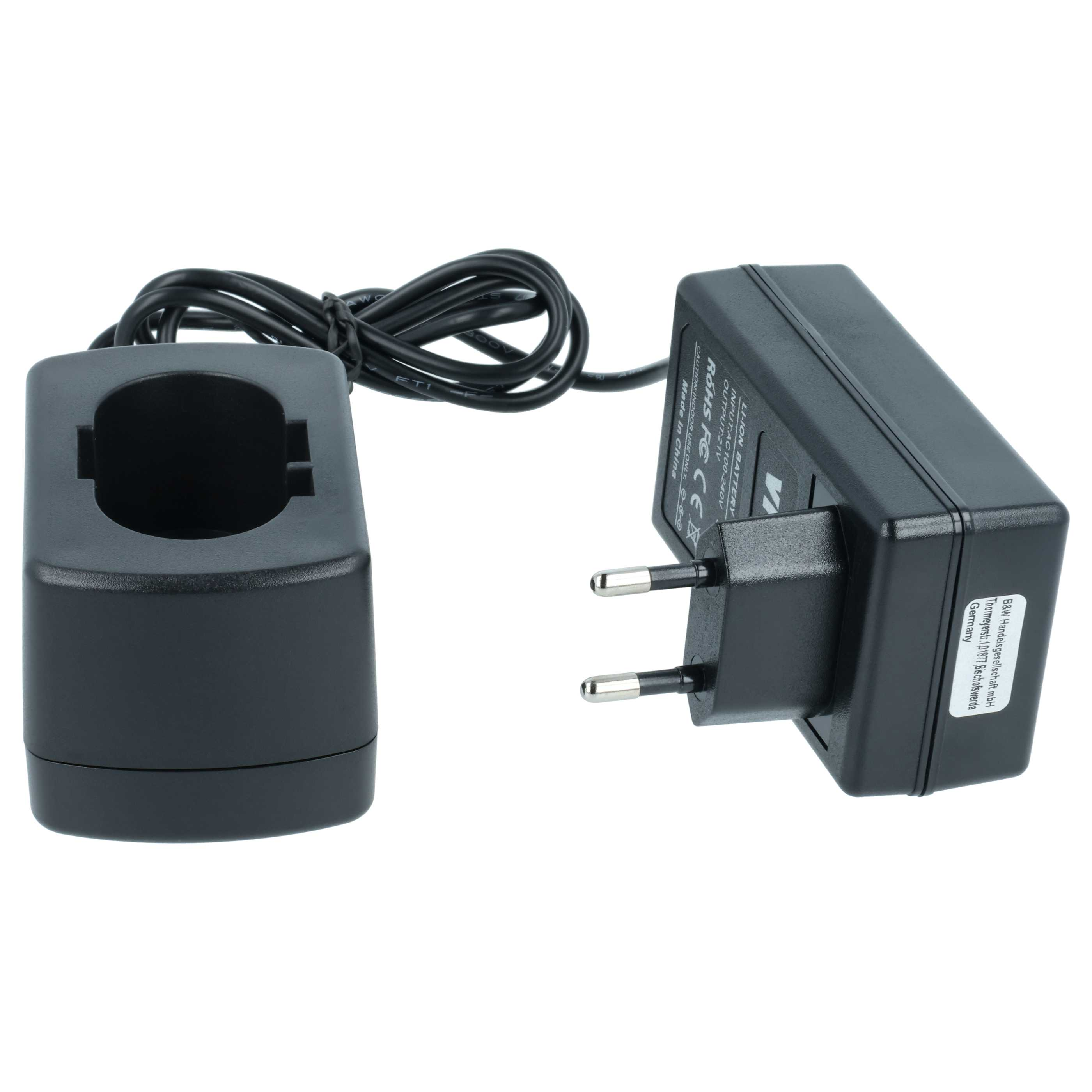 Schwarzes Netzteil mit einem EU-Stecker und einer runden Ladestation, verbunden durch ein Kabel vor weißem Hintergrund.