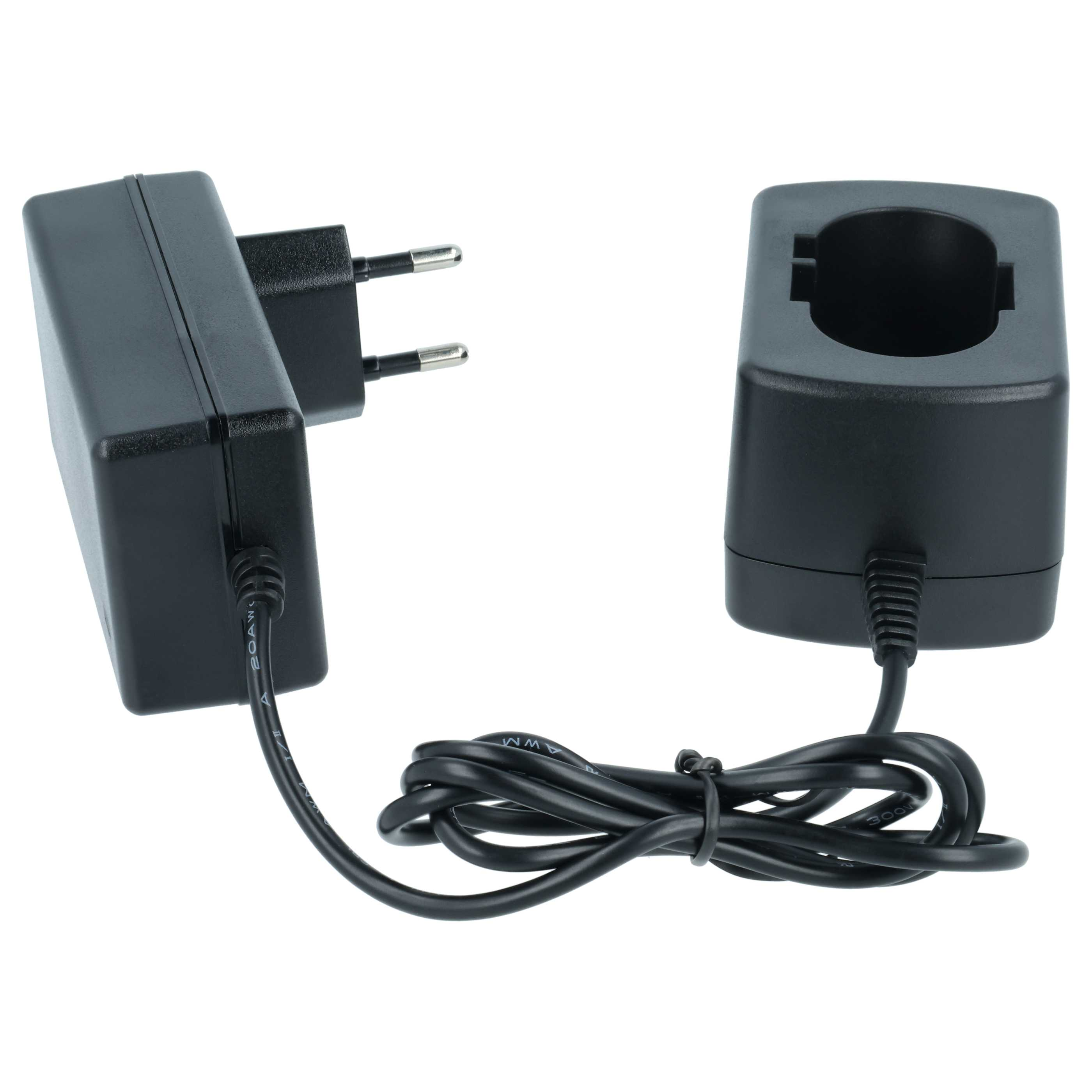 Ein schwarzes Netzteil mit einem EU-Stecker ist durch ein Kabel mit einer schwarzen Ladestation verbunden.