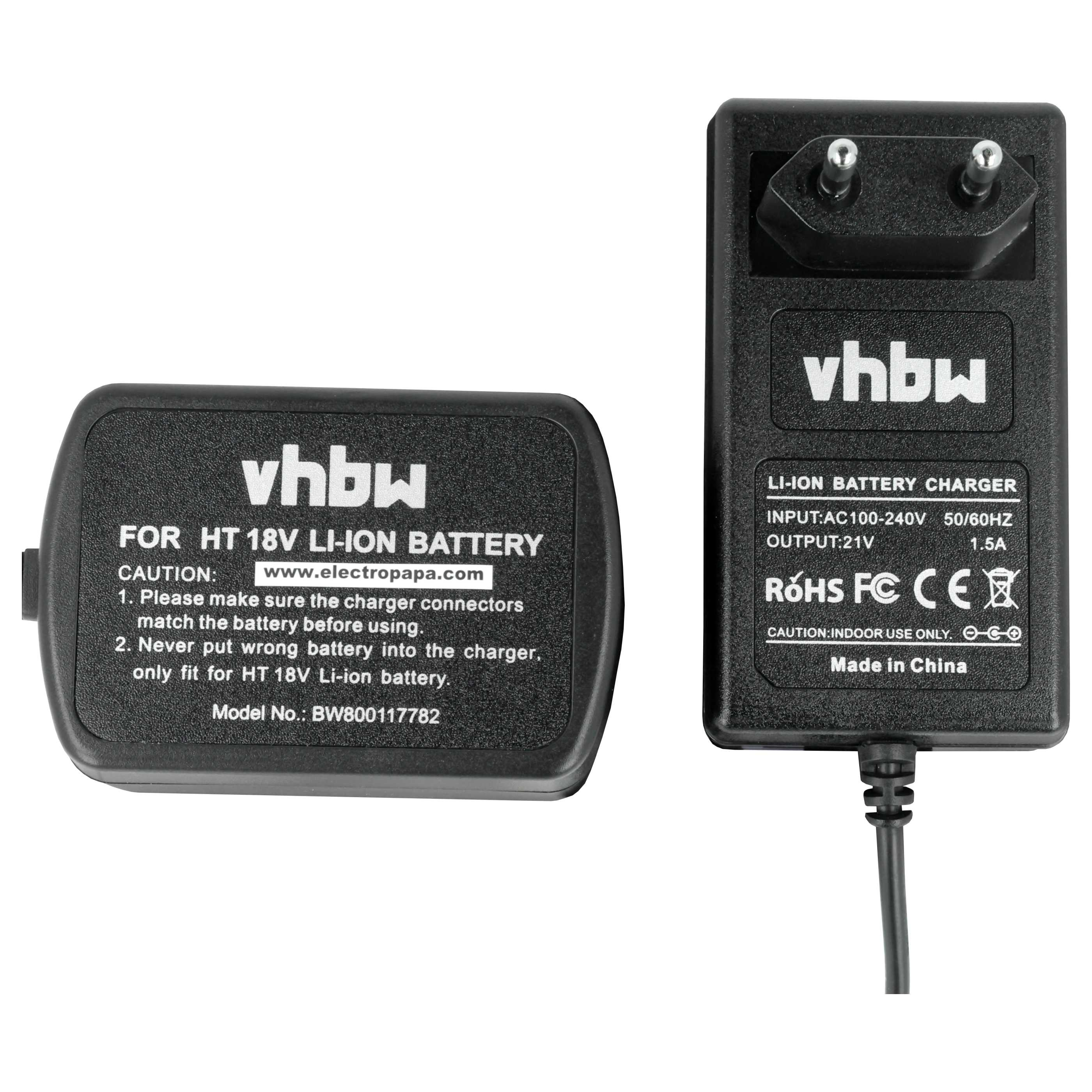 Zwei schwarze vhbw Li-Ion-Batterieladegeräte mit Aufschriften und technischen Daten auf weißem Hintergrund.