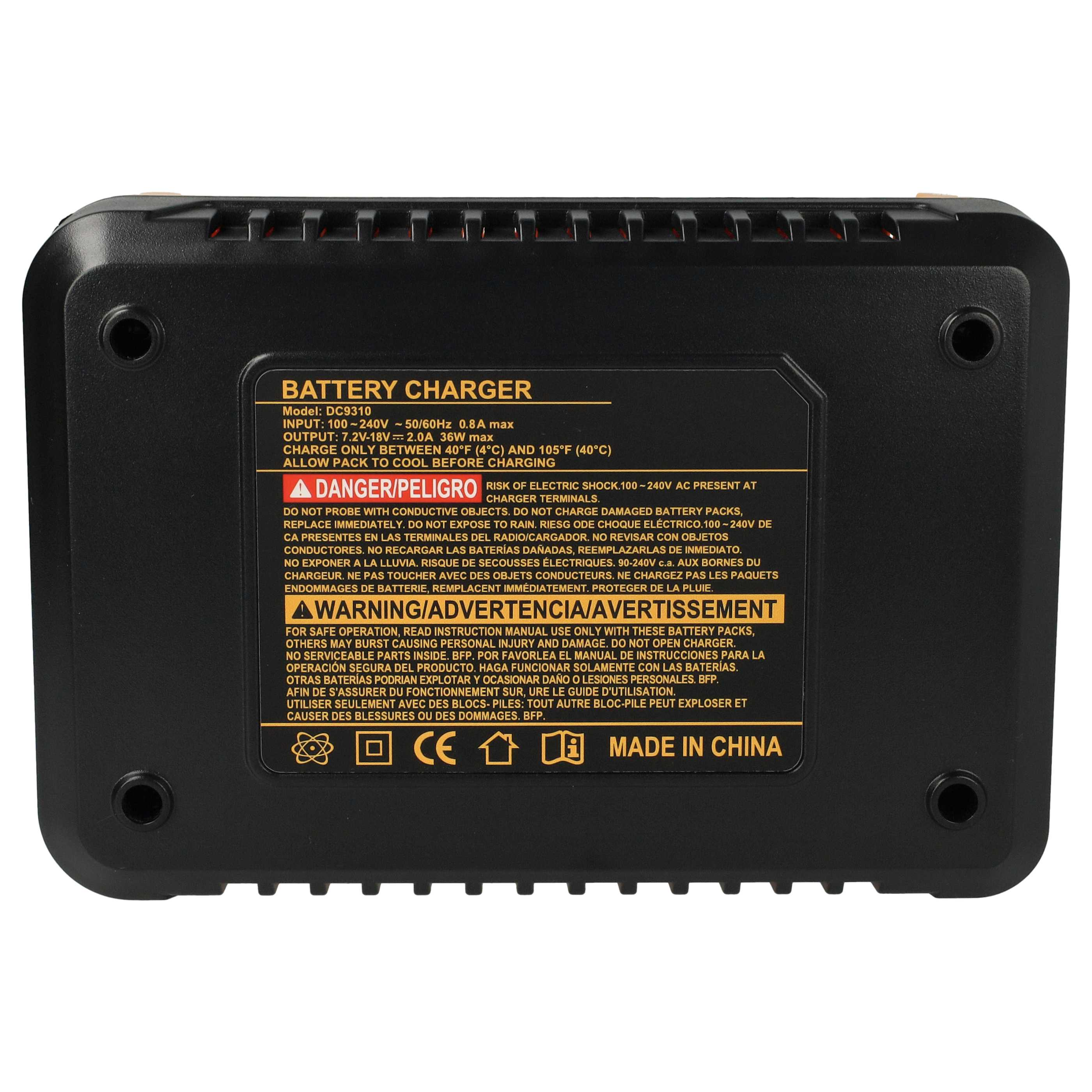 Unterseite eines schwarzen Batterie-Ladegeräts mit Warnhinweisen und technischen Daten in weißem und gelbem Text.