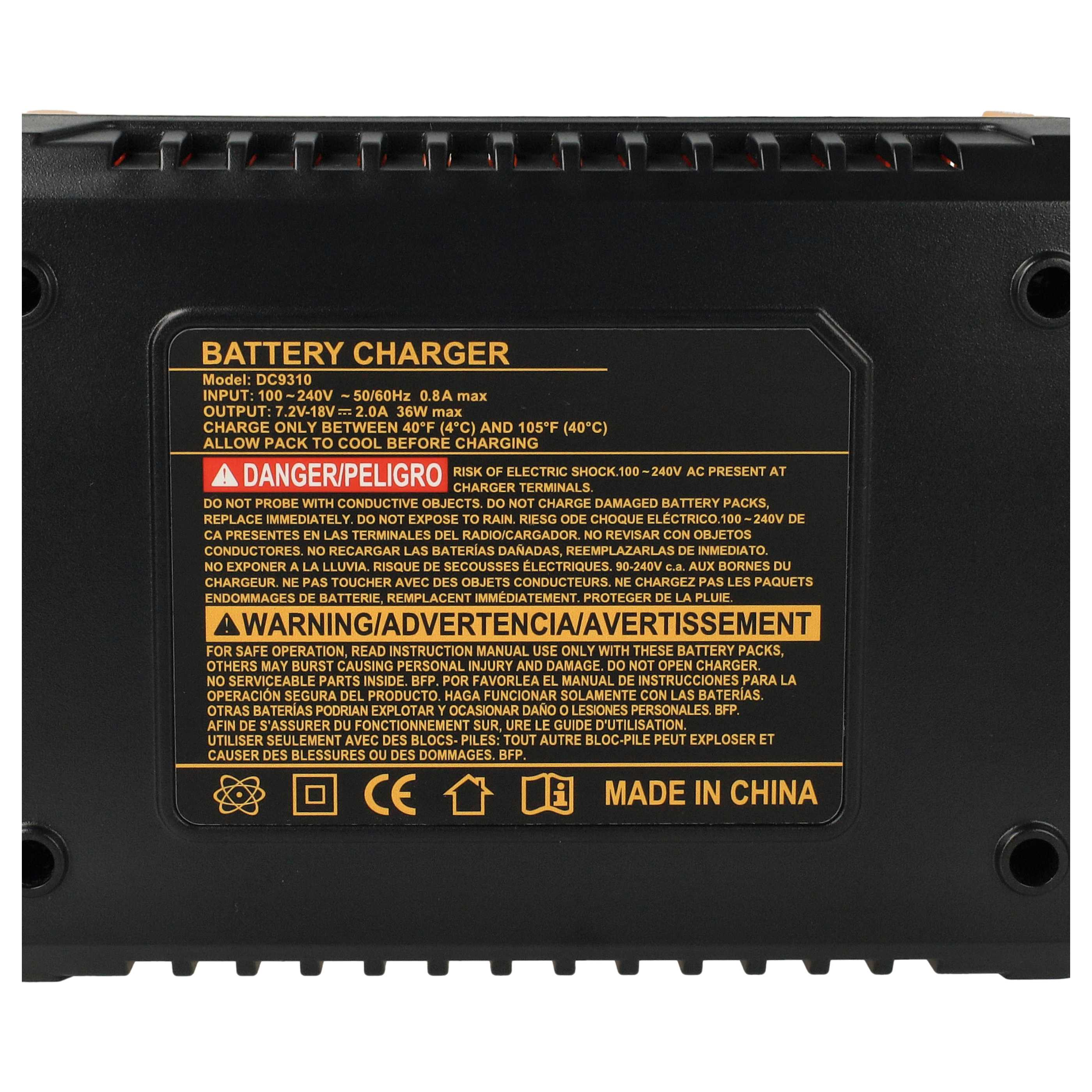 Ein schwarzes Batterieladegerät mit Sicherheitsetiketten, Warnungen und technischen Daten in mehreren Sprachen.