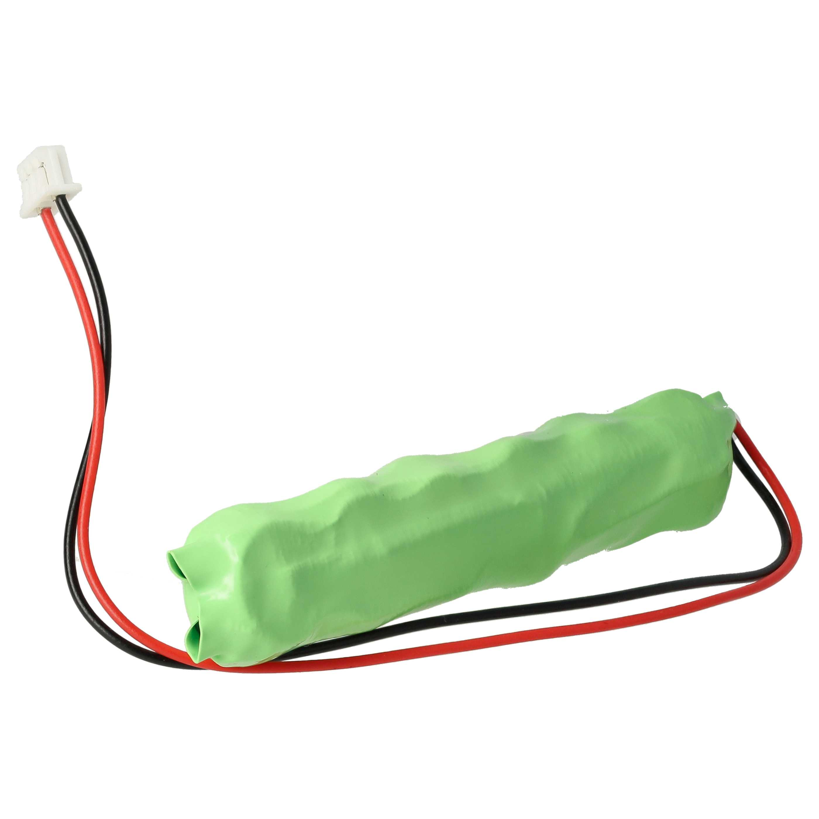 Grüner zylindrischer Akku mit schwarzen und roten Drähten, die in einem weißen Stecker enden.
