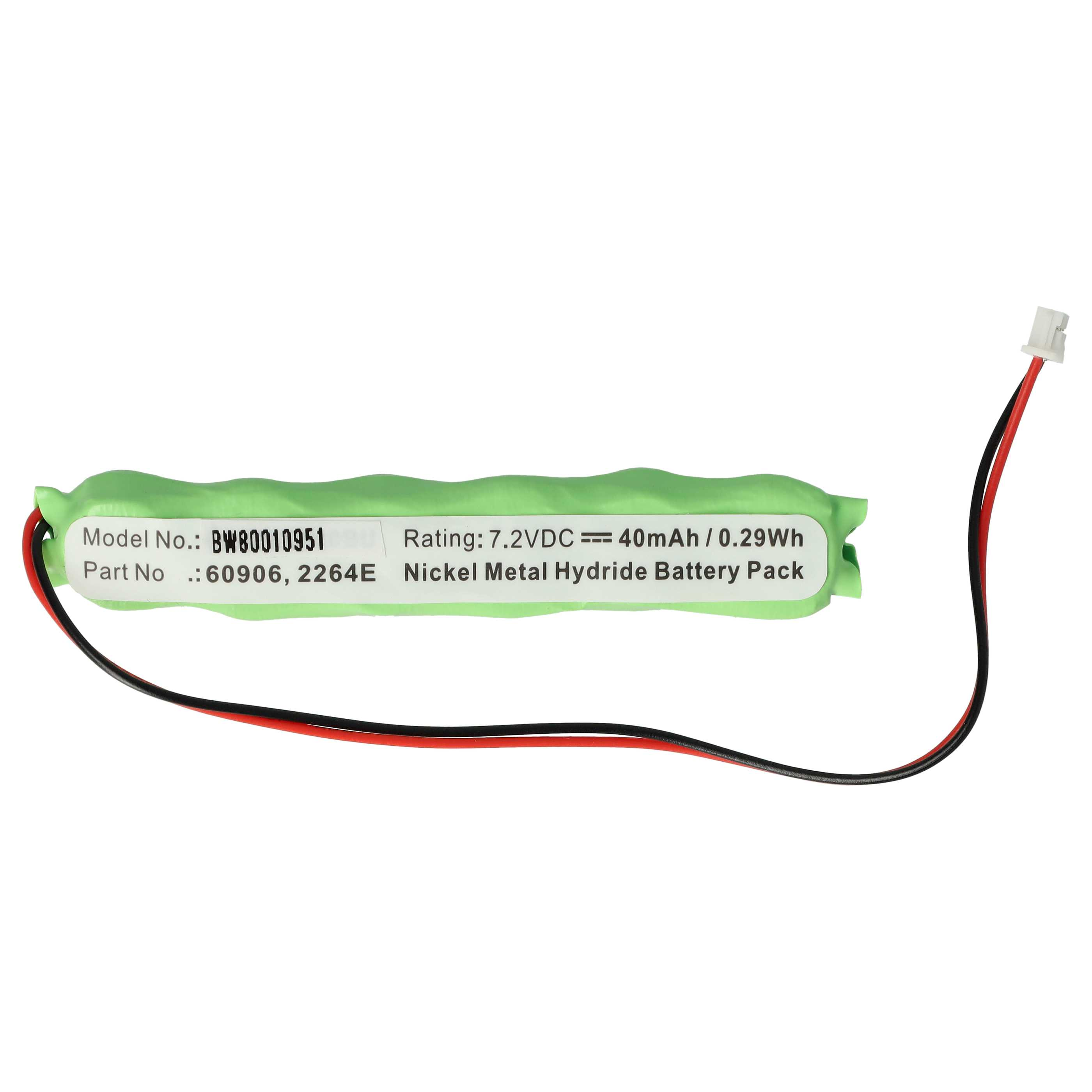 Grüner Nickel-Metallhydrid-Akku mit weißem Etikett, roten und schwarzen Kabeln und weißem Stecker.