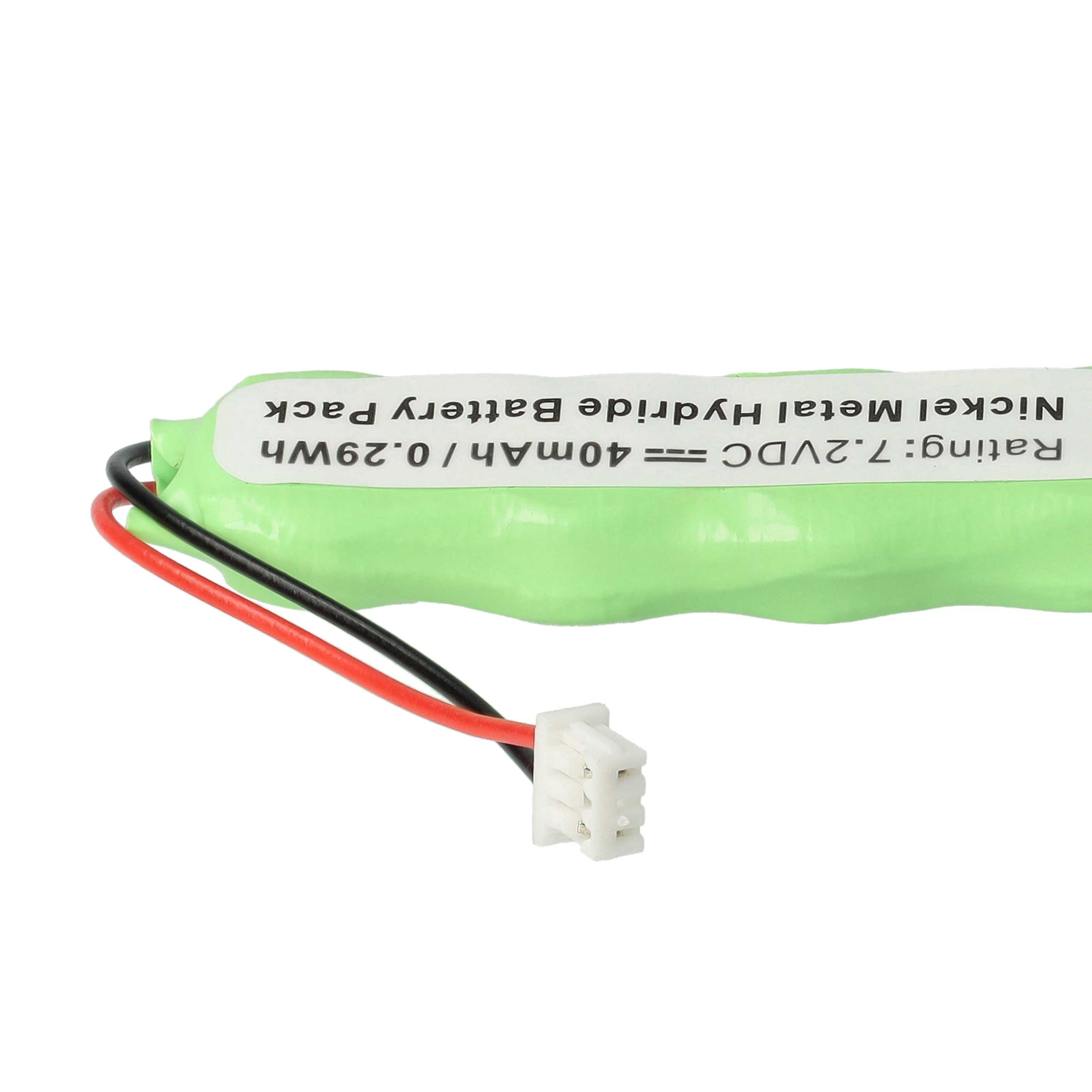 Ein grüner 7,2V-Nickel-Metallhydrid-Akku mit roten und schwarzen Kabeln, die an einen weißen Stecker angeschlossen sind.