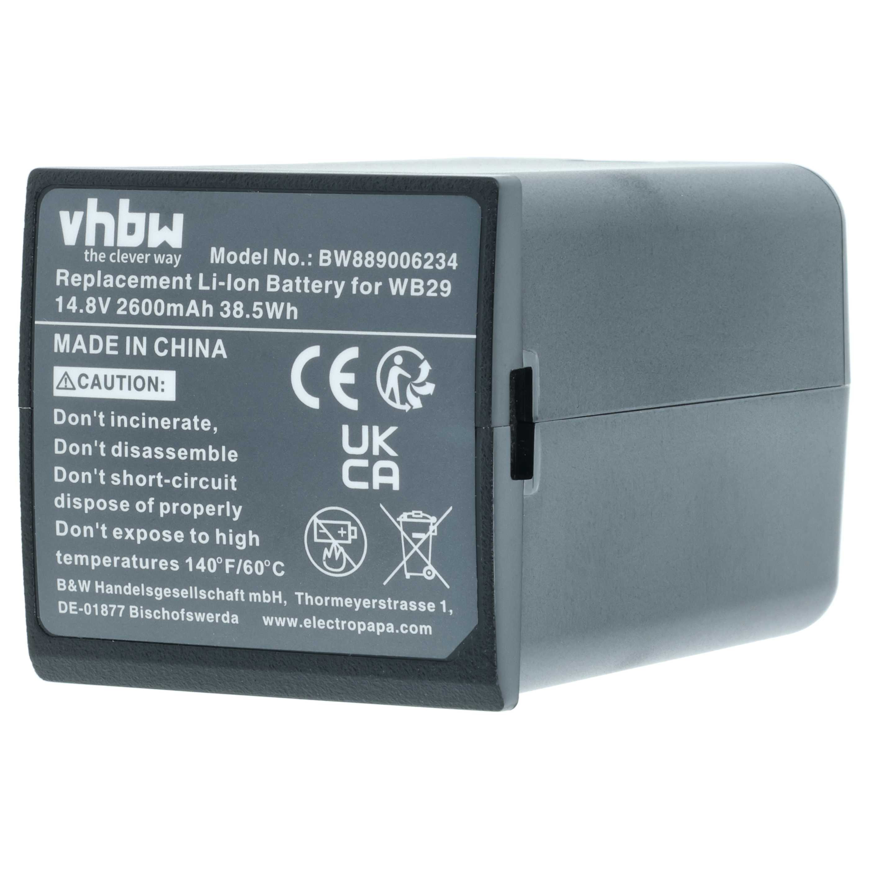 Grauer VHBW Ersatz-Li-Ionen-Akku mit technischen Daten und Sicherheitshinweisen auf weißem Hintergrund.