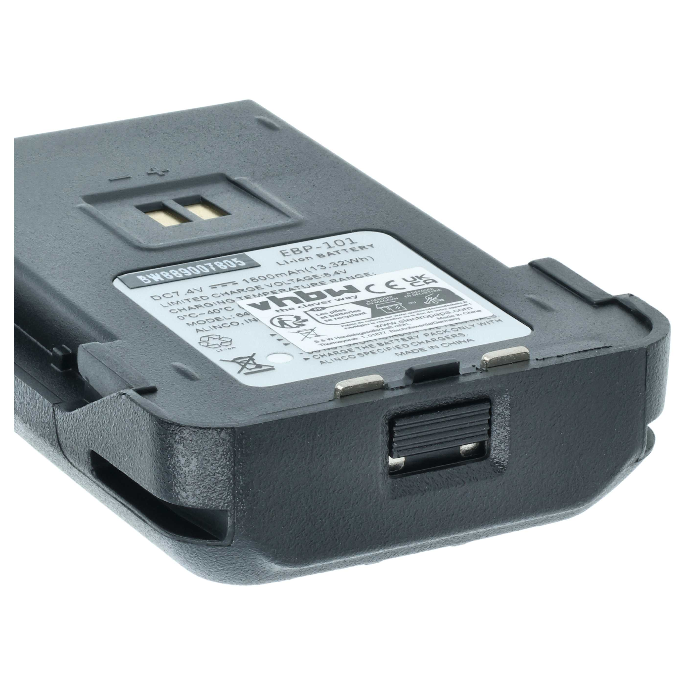 Schwarzer Lithium-Ionen-Akku mit weißem Informationsetikett und Kontakten.