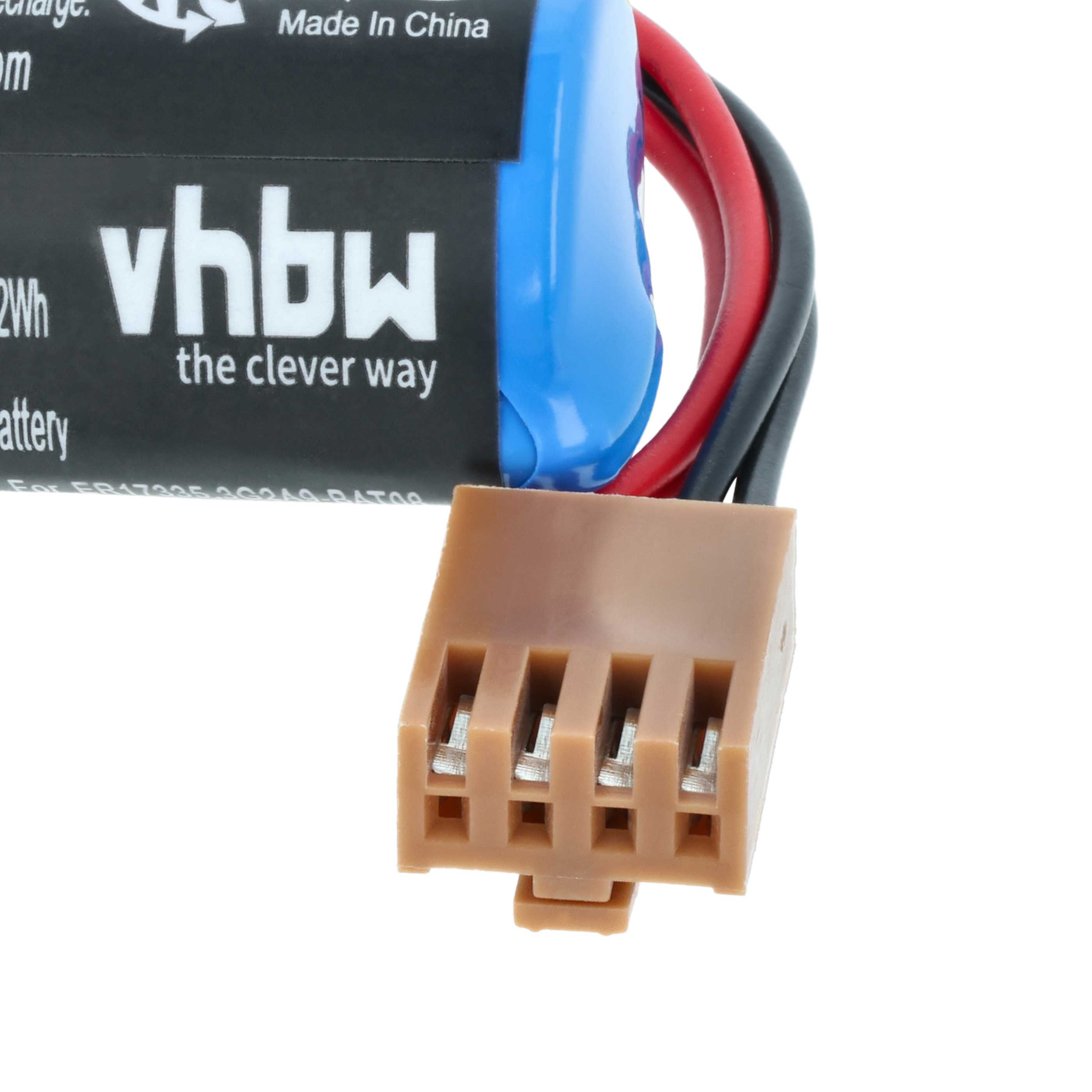 Blaue vhbw Batterie mit rotem und schwarzem Kabel und braunem Steckverbinder auf weißem Hintergrund.