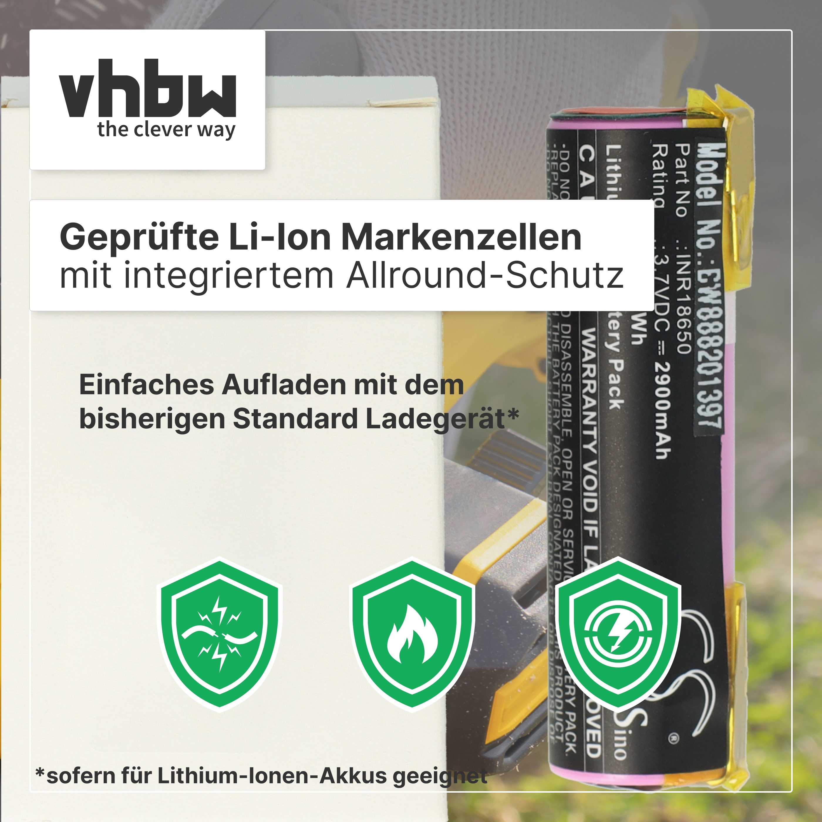 Li-Ion Akku mit Schutzschild-Symbolen und Vhbw-Logo.