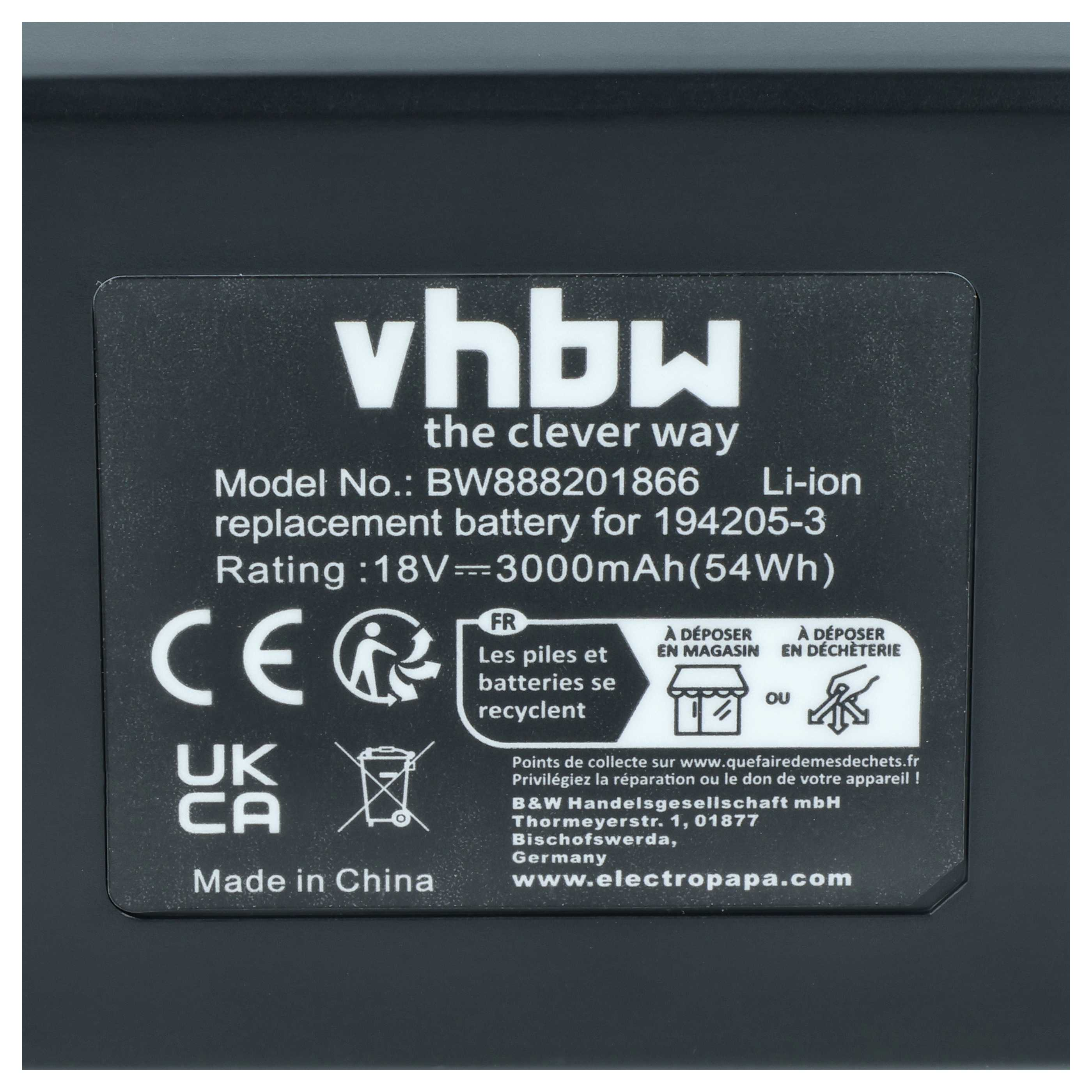 Aufkleber auf einem Akku mit Vhbw-Logo, Modellnummer, elektrischen Daten und Recyclingsymbolen.