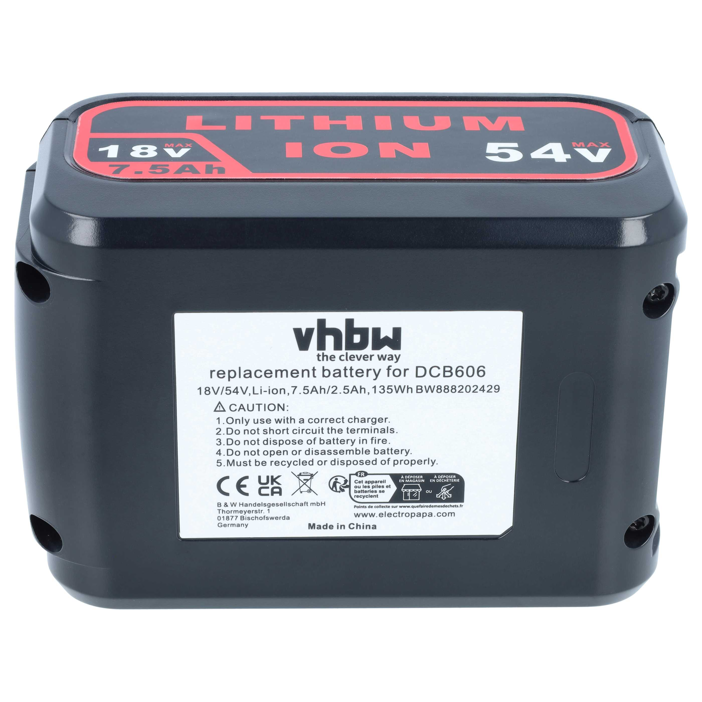 Ein schwarzer vhbw Ersatzakku mit roter Lithium-Ionen-Beschriftung und weißen Sicherheitshinweisen.