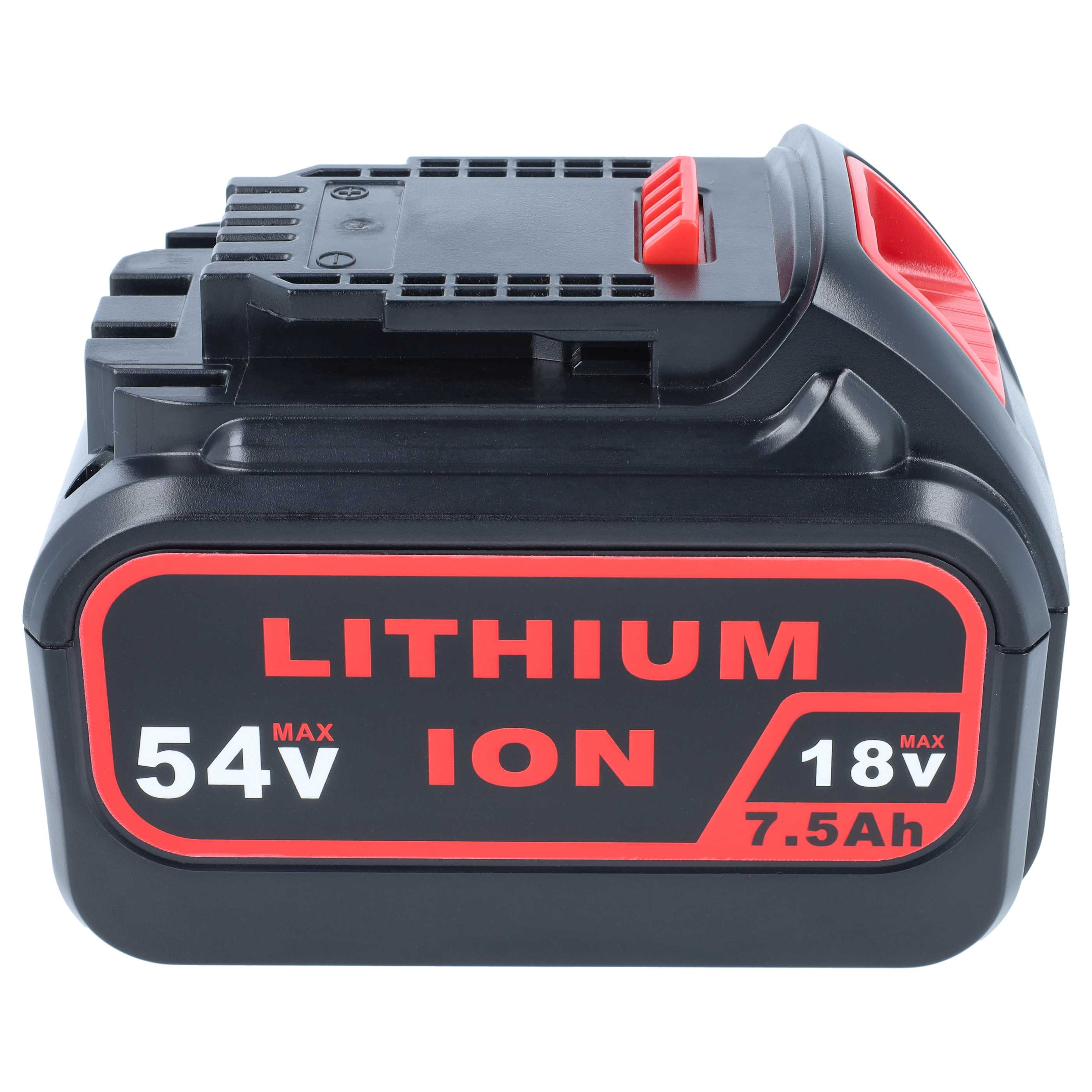 Schwarzer Lithium-Ionen-Akku mit roten Akzenten, 54V max und 18v max Beschriftung.