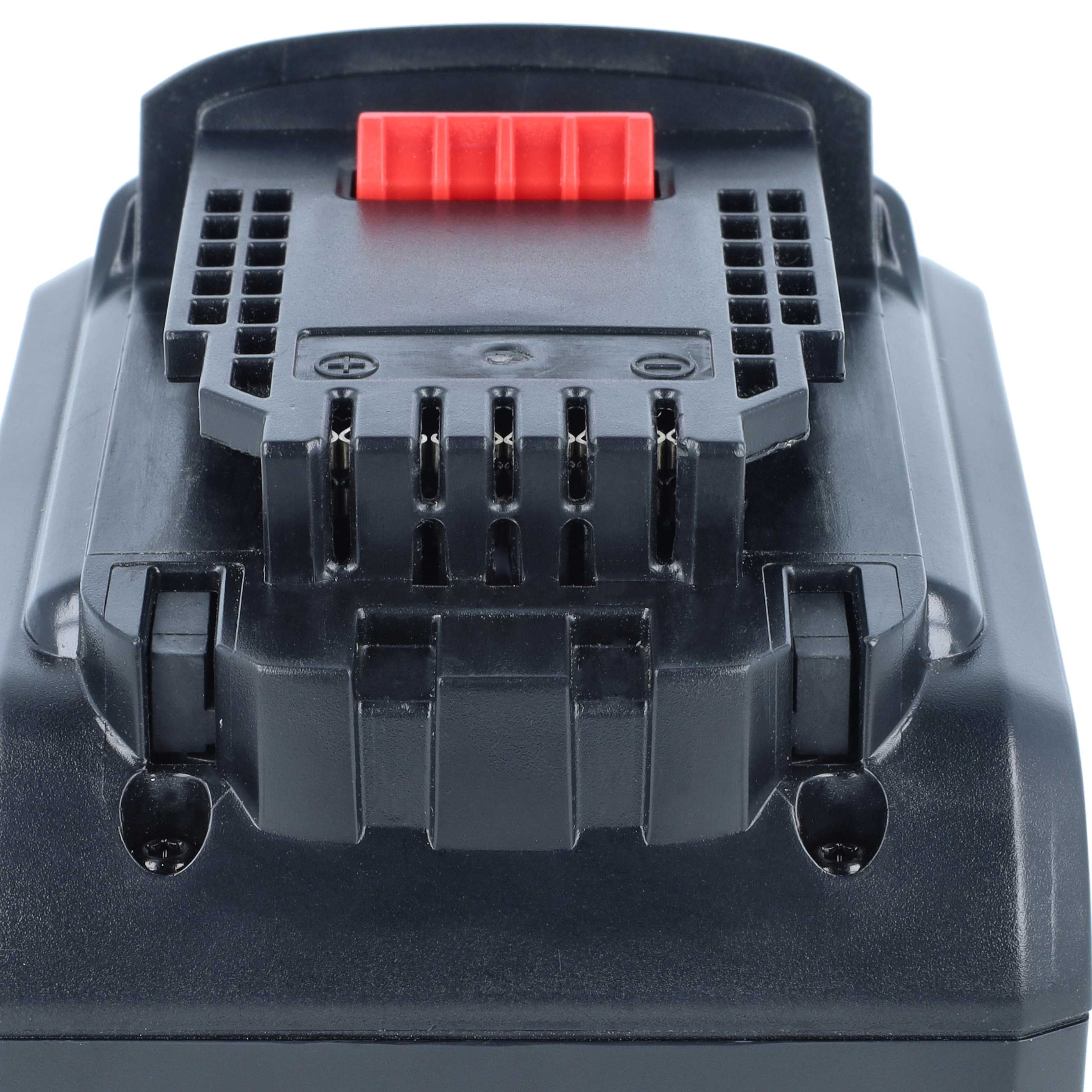 Schwarze Akkubatterie mit rotem Entriegelungsknopf und sichtbaren elektrischen Kontakten.