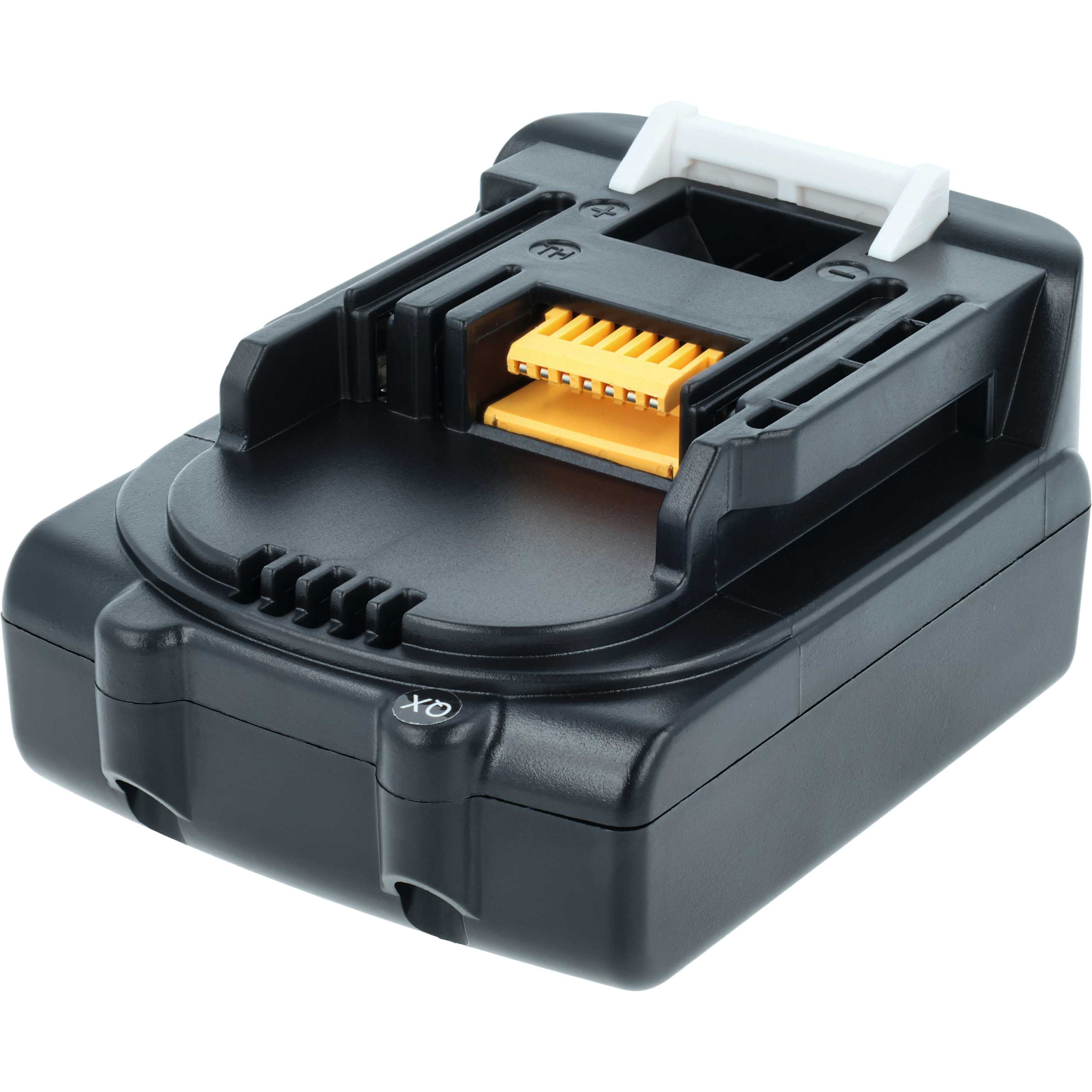 Ein schwarzer Elektrowerkzeug-Akku-Adapter mit gelbem Anschluss und weißer Entriegelung auf weißem Hintergrund.