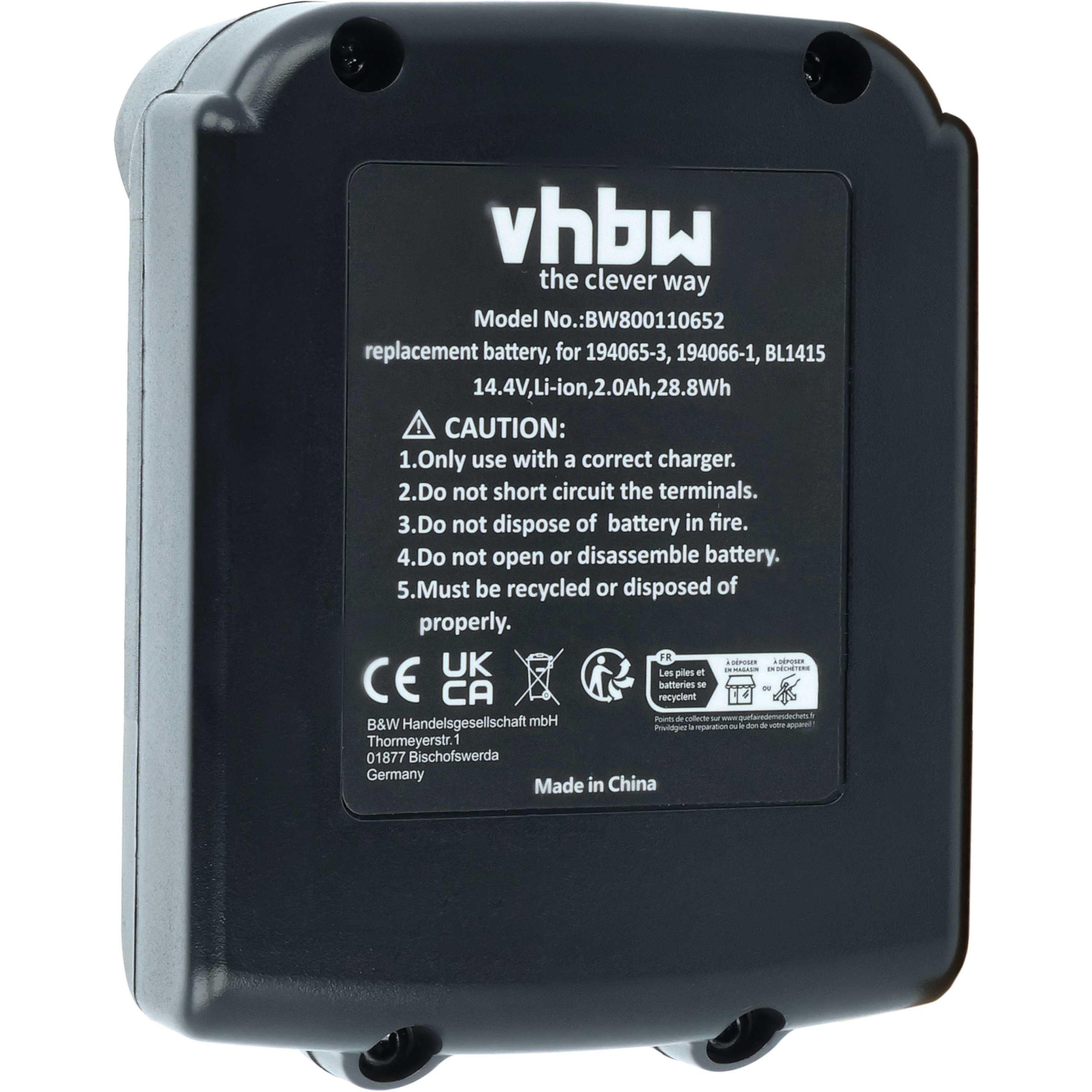 Schwarzes Etikett auf einer Ersatzbatterie mit Vhbw-Logo, Modellnummer, Warnhinweisen und CE-Kennzeichnung.