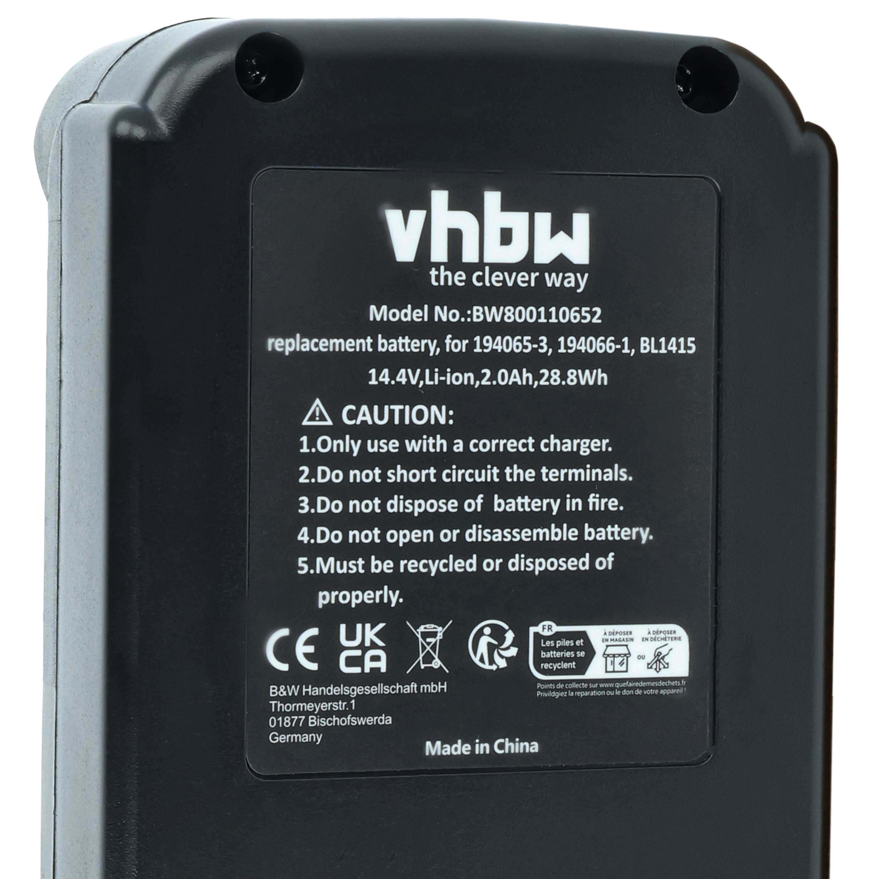 Etikett auf einem schwarzen Akku mit Vhbw-Logo, Modellnummer, elektrischen Daten, Warnhinweisen und Recyclingsymbolen.