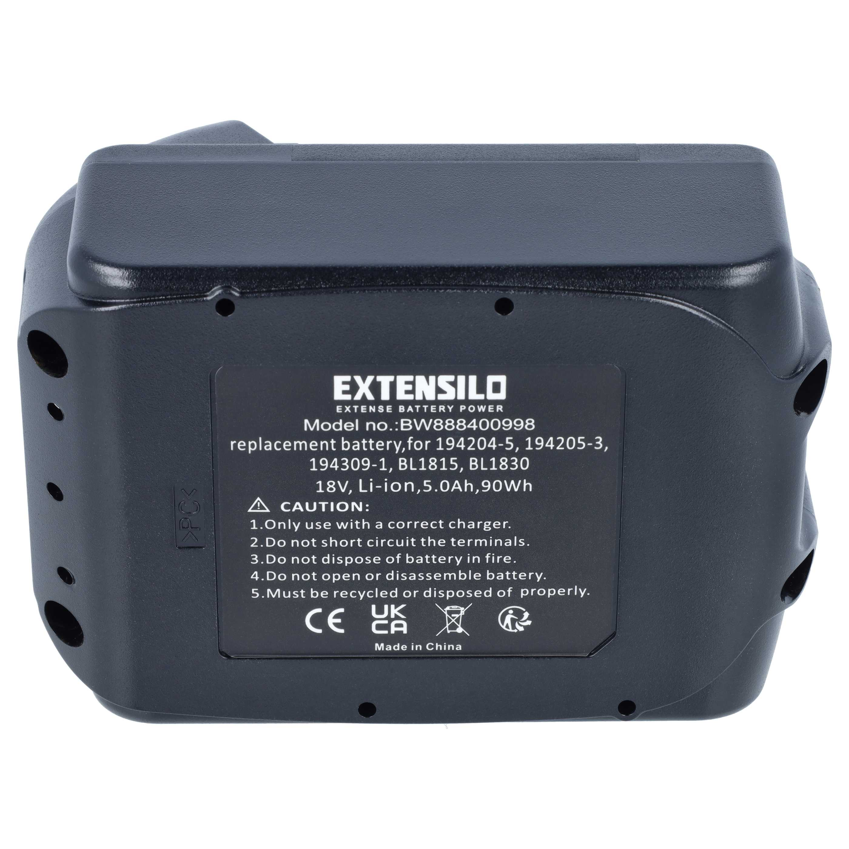 Schwarzer Extensilo Akku mit technischen Daten und Sicherheitshinweisen auf dem Etikett.