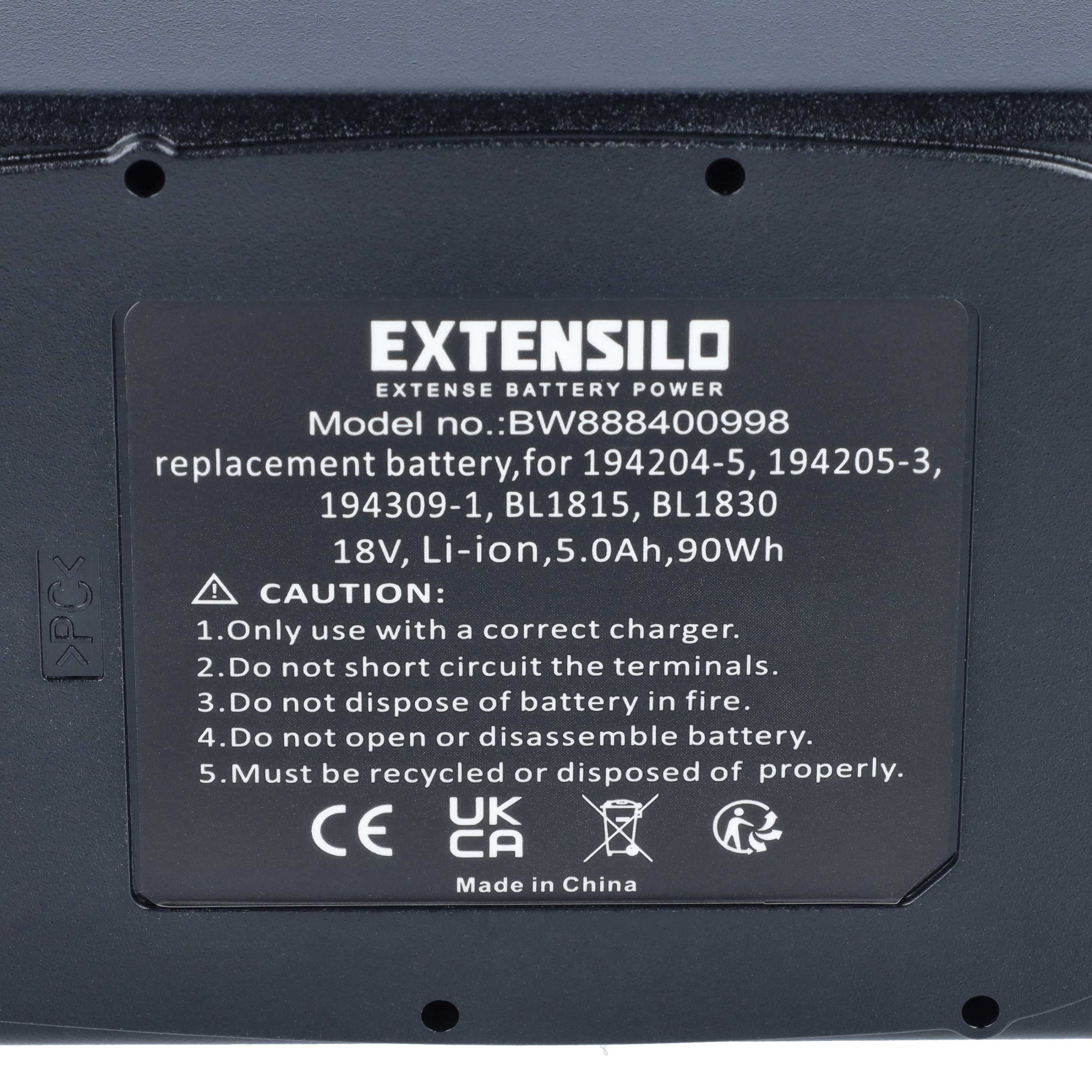 Etikett auf einer Extensilo Ersatzbatterie mit technischen Daten und Sicherheitshinweisen.