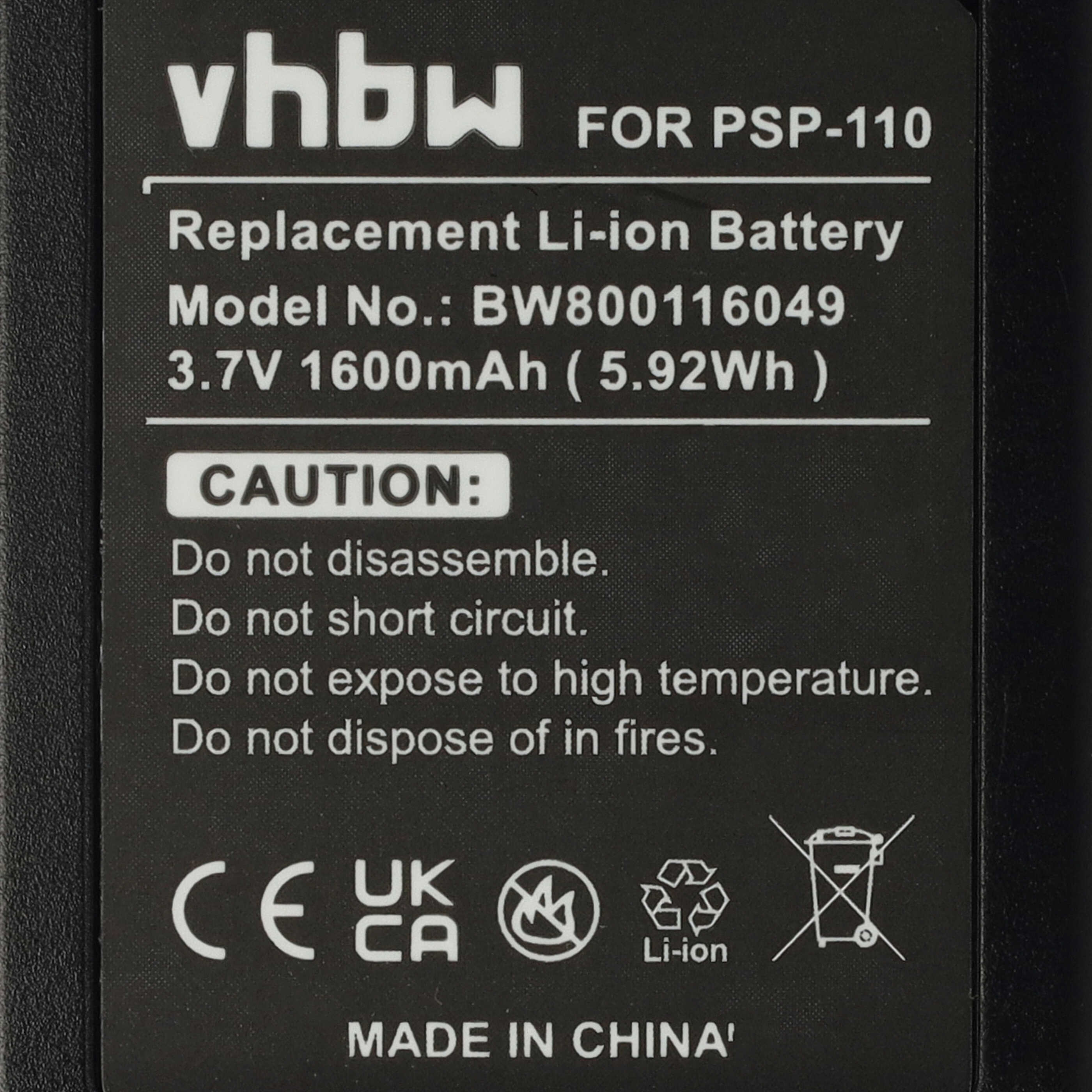 Schwarzes Etikett einer VHBW PSP-110 Ersatz-Lithium-Ionen-Batterie mit Warnhinweisen und technischen Daten.