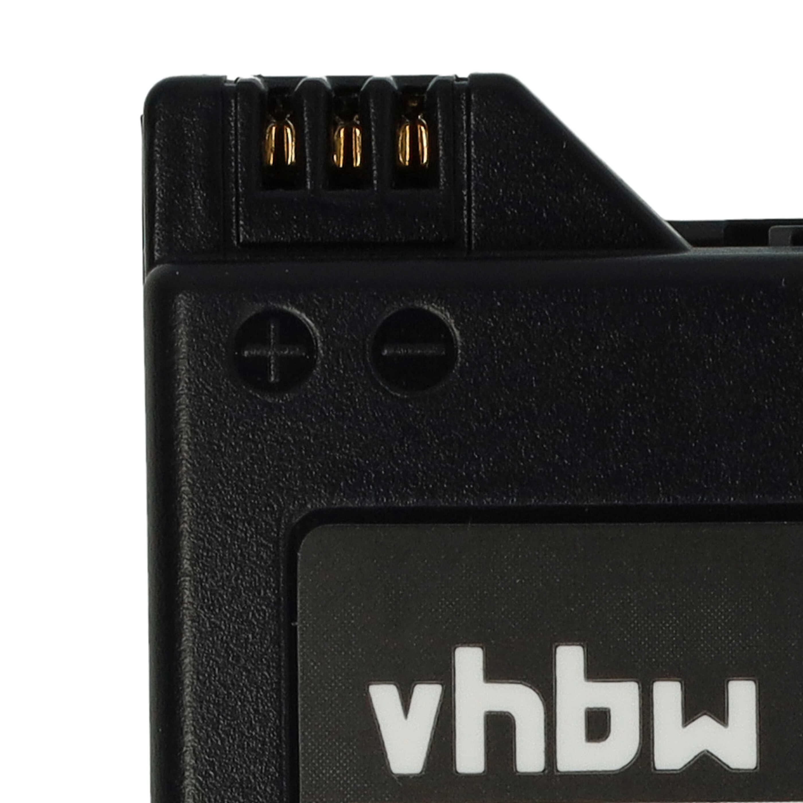 Nahaufnahme einer schwarzen Batterie mit goldenen Kontakten und vhbw-Logo.