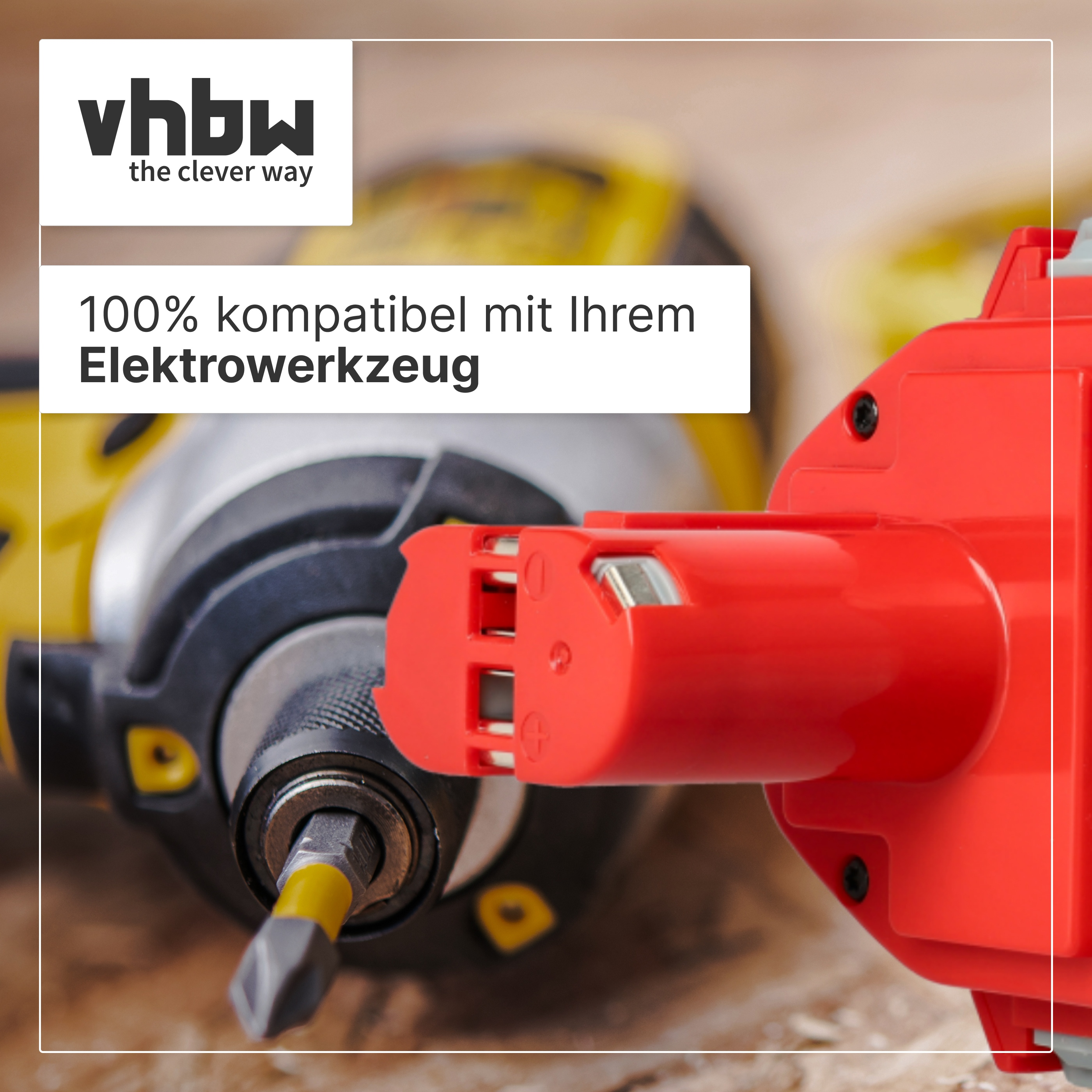 Roter Werkzeugakku und gelbe Bohrmaschine mit Text. Vhbw Logo.