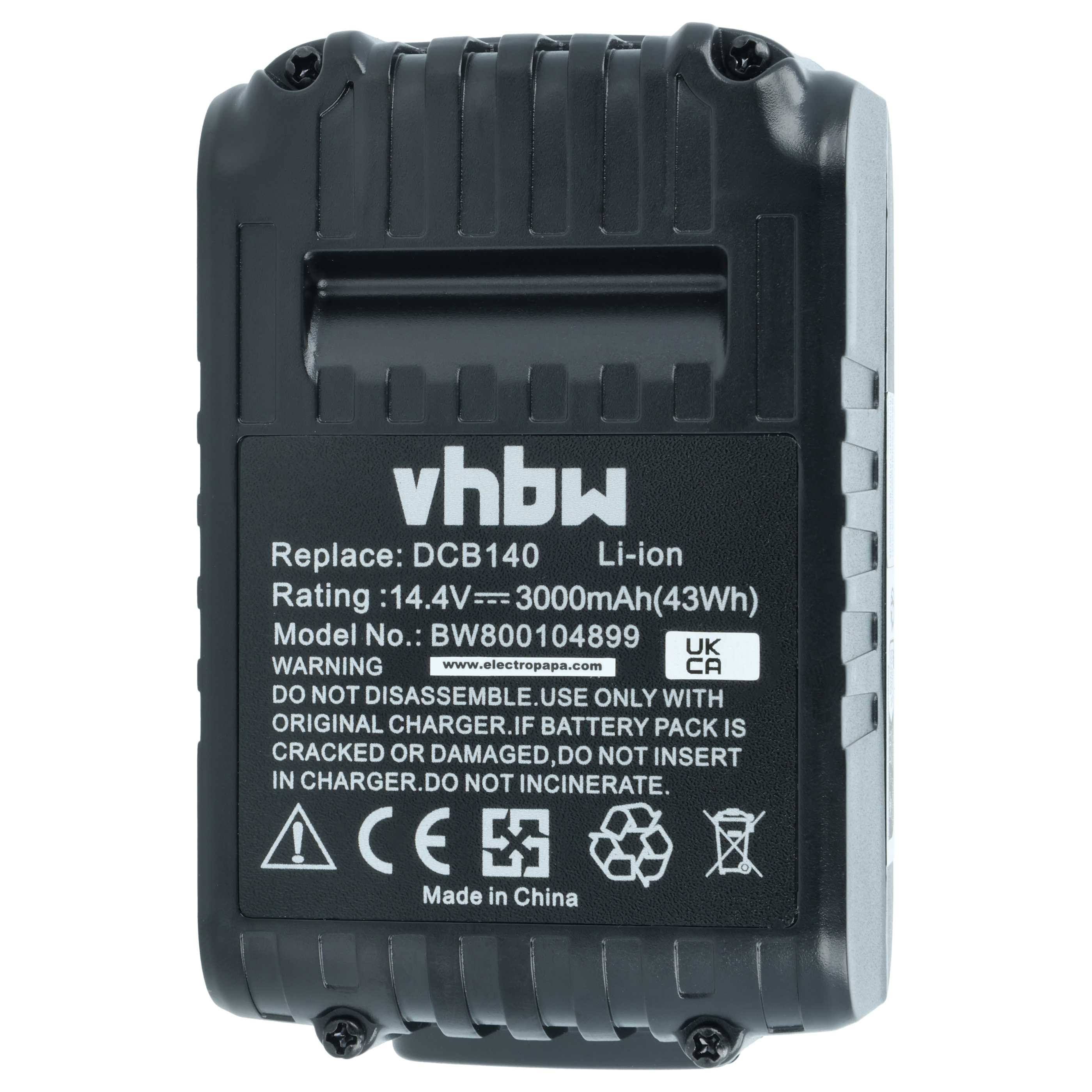 Ein schwarzer vhbw Li-Ion Werkzeugakku mit weißem Text und Warnhinweisen.