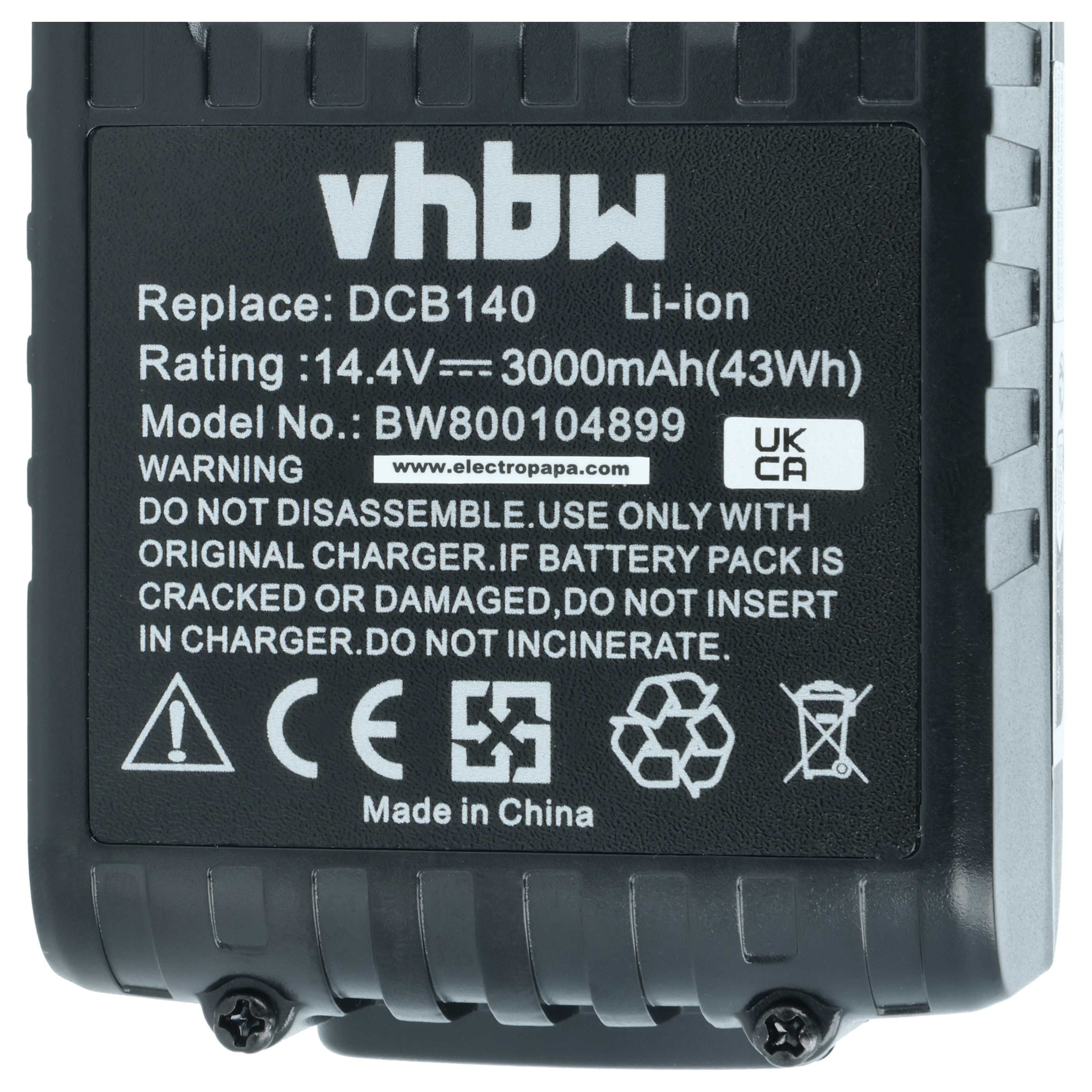 Schwarzes Typenschild einer vhbw Lithium-Ionen-Batterie mit Spezifikationen, Warnungen und Symbolen.