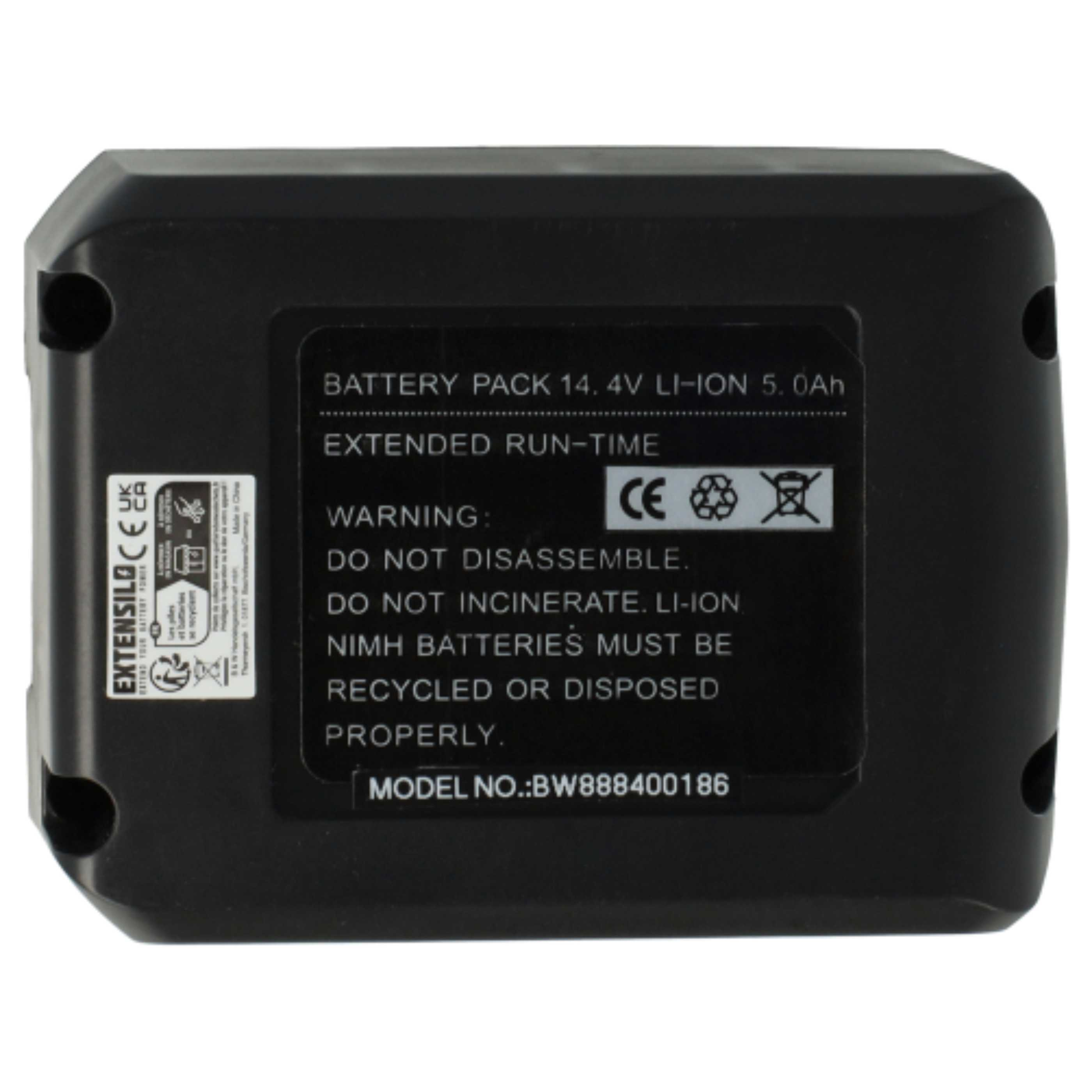 Ein schwarzer 14,4V Lithium-Ionen-Akku mit Warnhinweisen und Modelldaten.