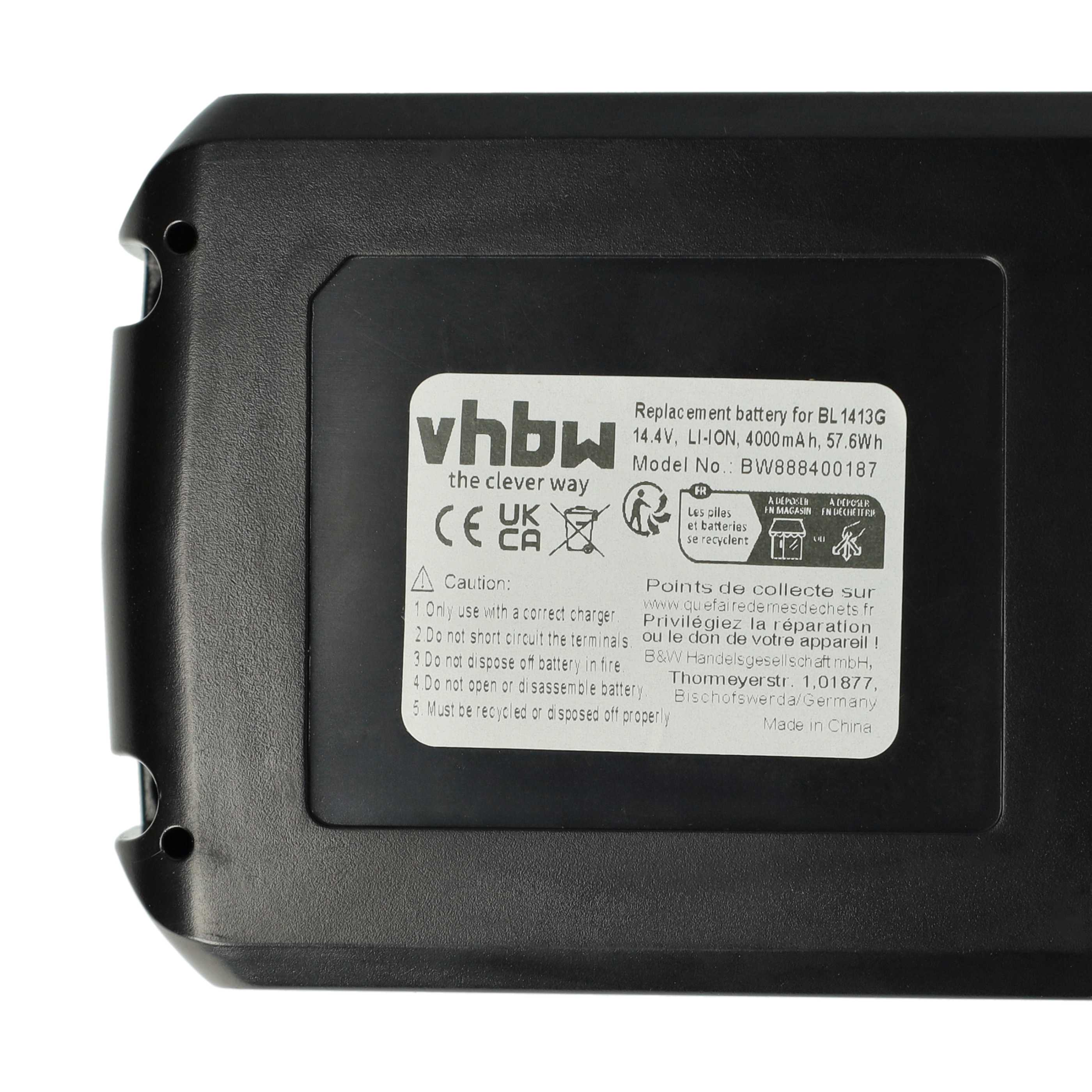 Aufkleber auf einem schwarzen Akku mit vhbw-Logo, Technischen Daten, CE-Zeichen und Sicherheitshinweisen.