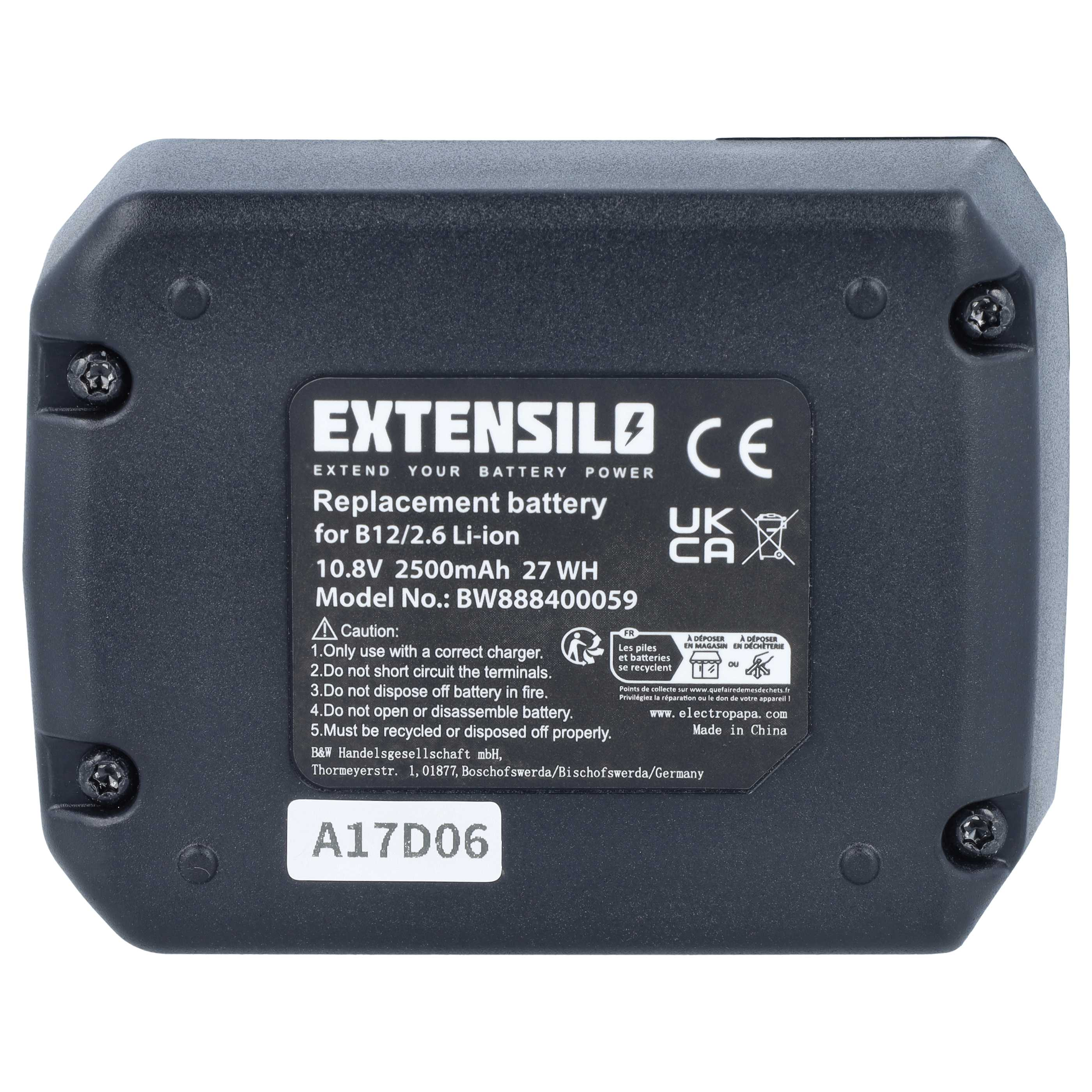 Ein schwarzer Extensilo Ersatzakku mit technischen Daten und Warnhinweisen auf einem Aufkleber.