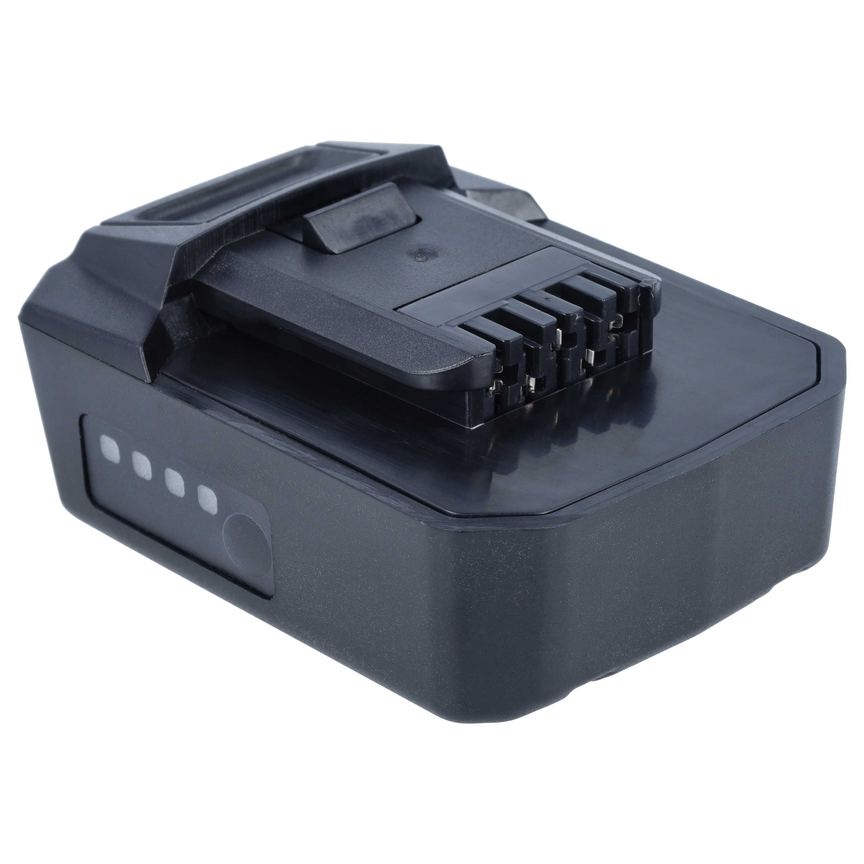 Eine schwarze Werkzeugbatterie mit Ladeanzeige auf weißem Hintergrund.