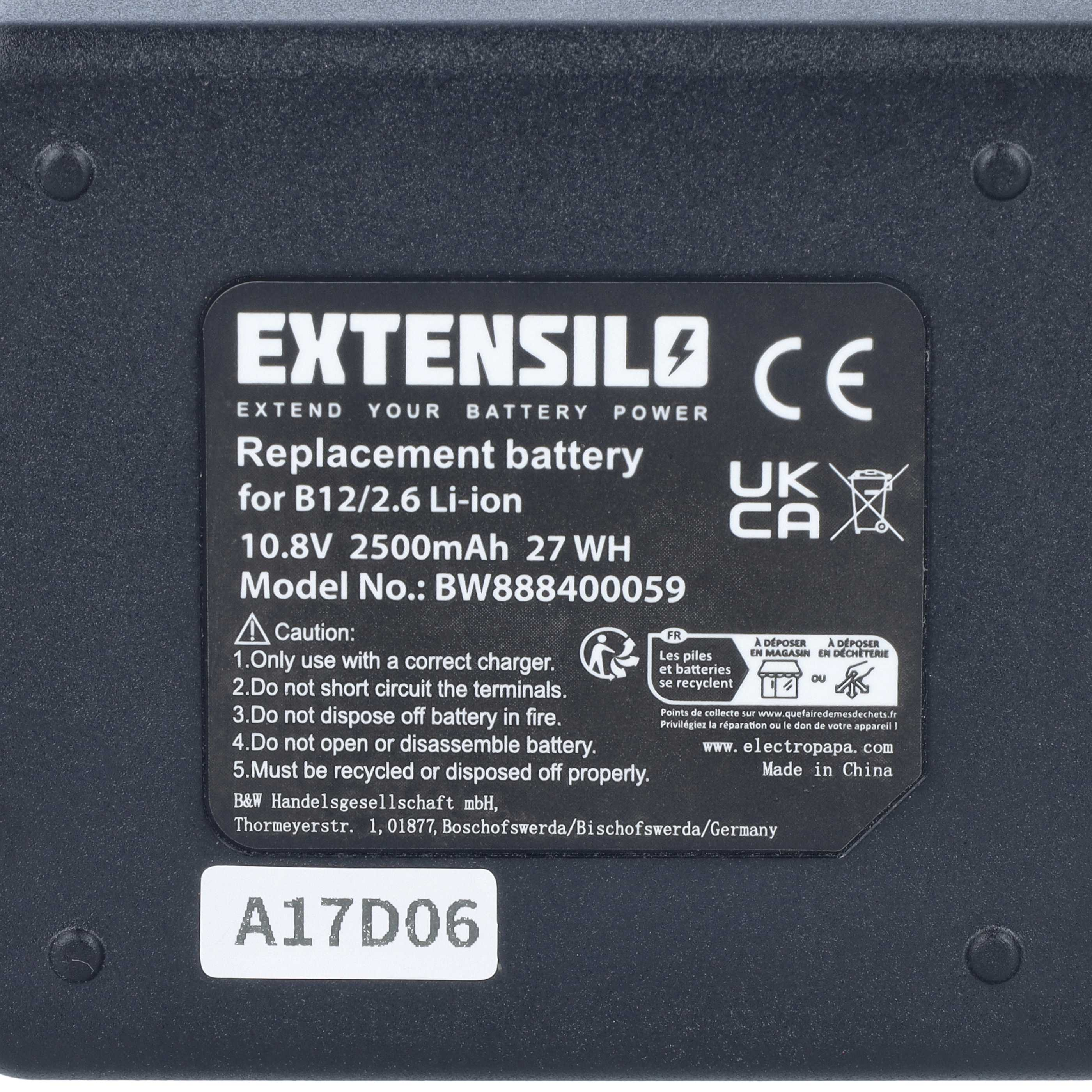 Etikett auf einer Extensilo Ersatzbatterie mit technischen Daten und Sicherheitshinweisen.