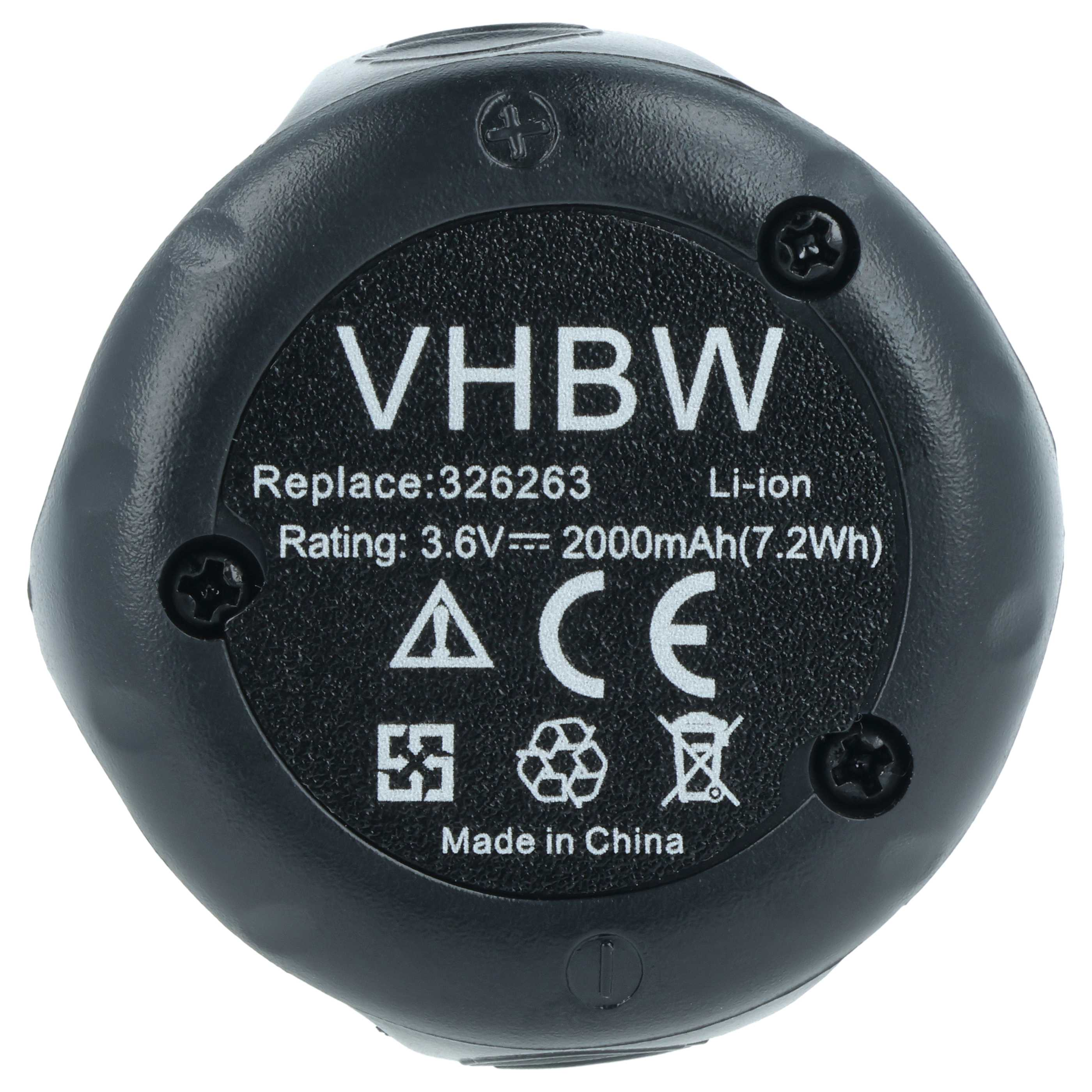 Rückseite einer schwarzen VHBW Lithium-Ionen-Batterie mit technischen Daten, Zertifizierungssymbolen und vier Schrauben.