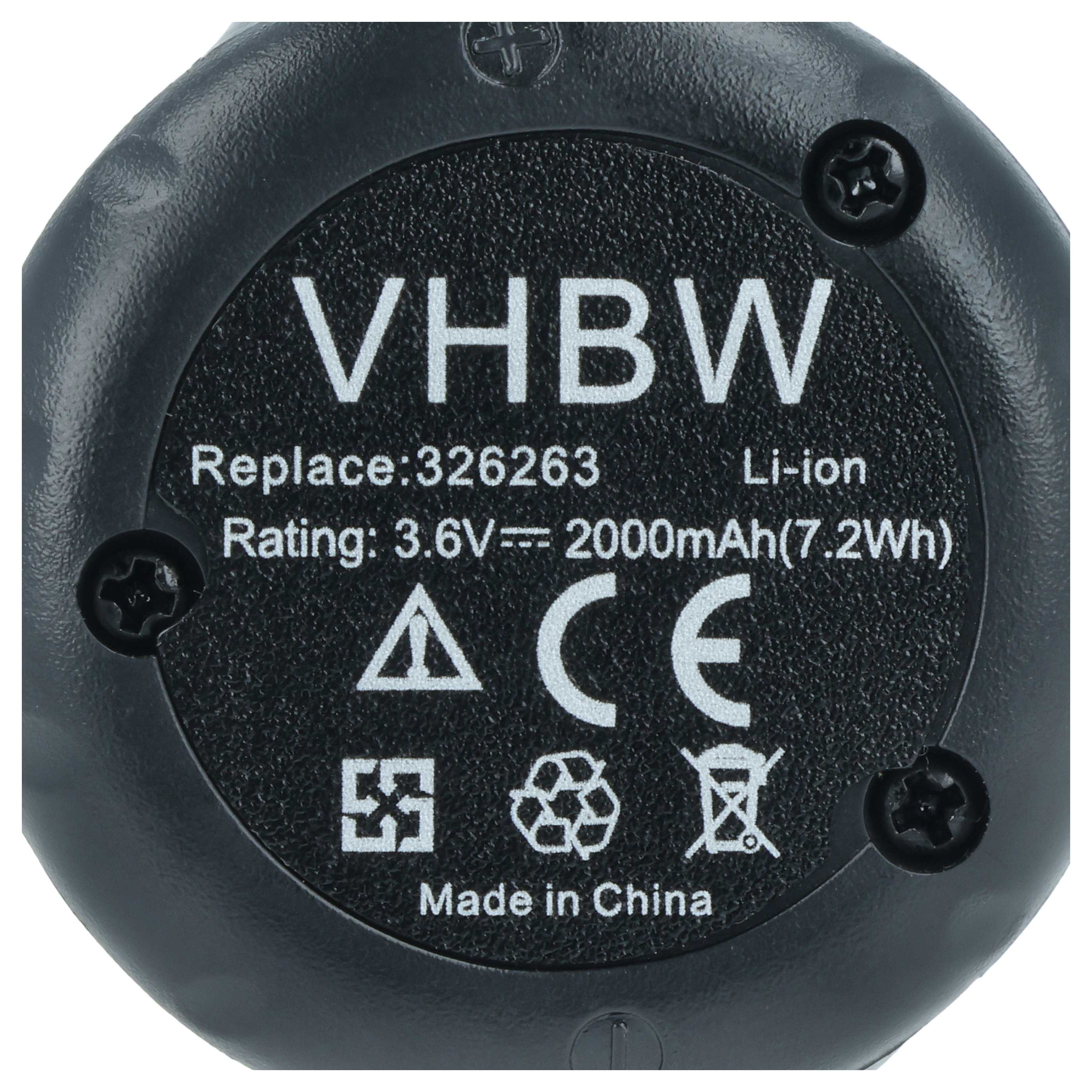 Rundes VHBW Akku-Etikett mit technischen Daten, CE-Zeichen und Schrauben auf grauem Gehäuse.