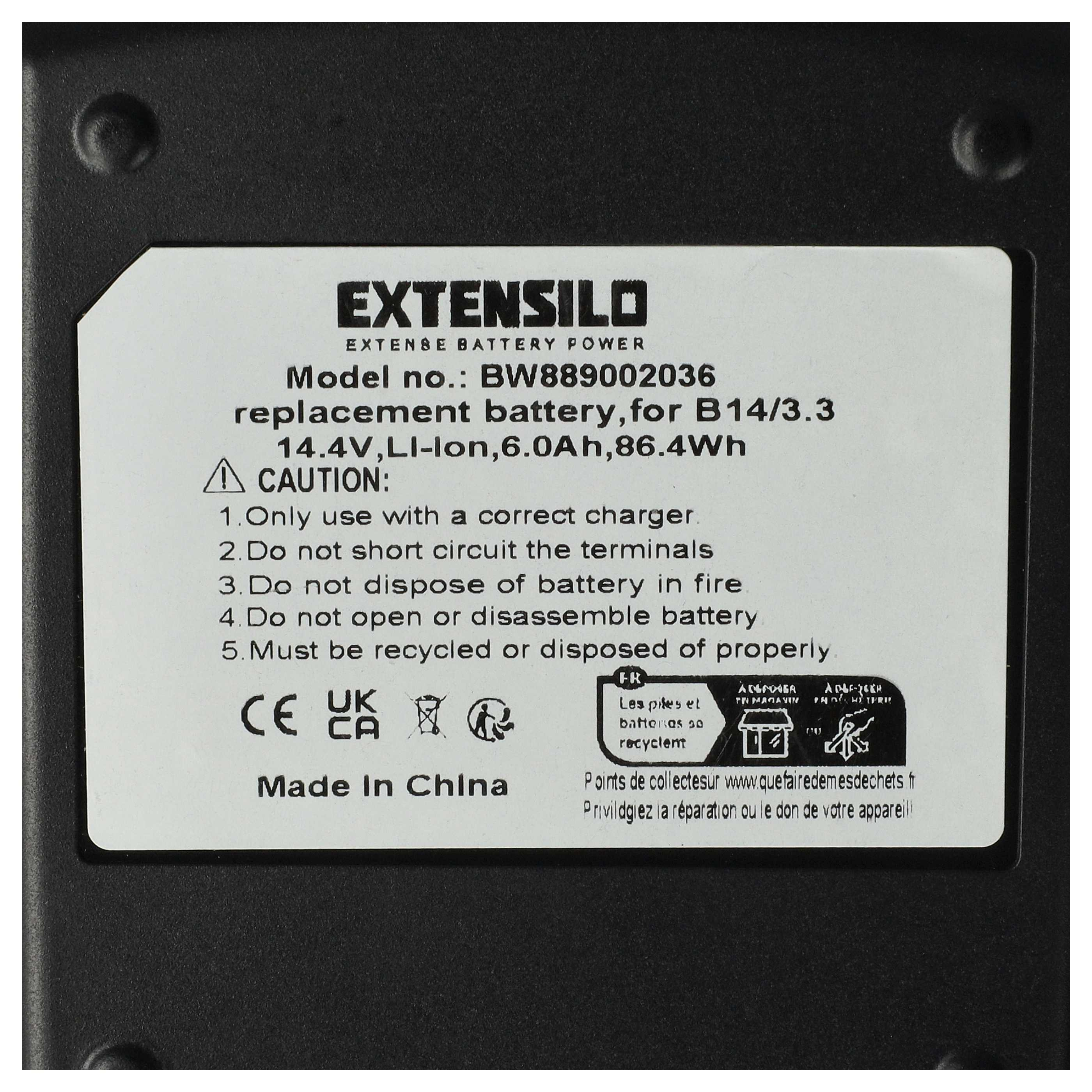 Etikett auf einem Akku mit Modellnummer BW889002036, Sicherheitshinweisen und Recycling-Symbolen.