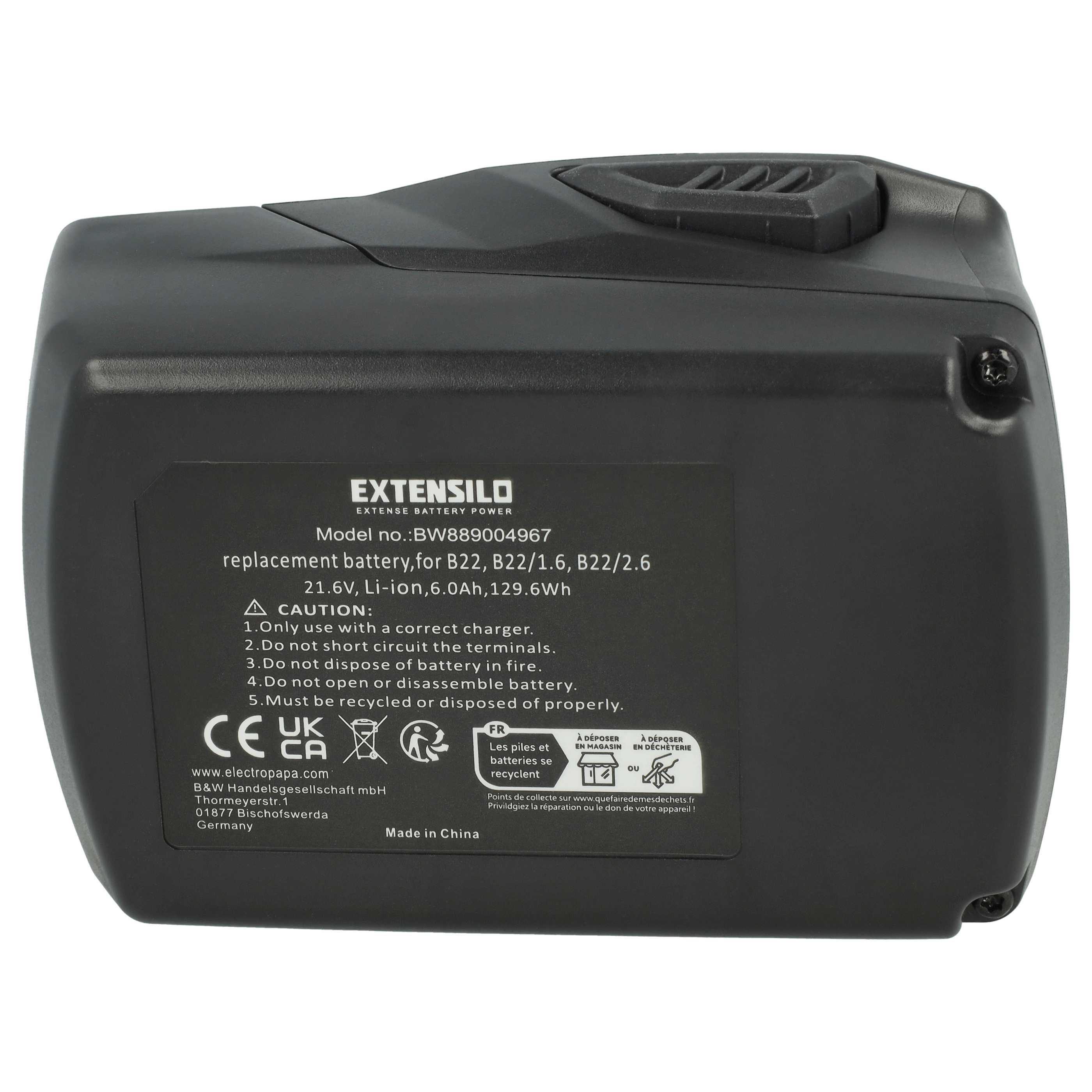 Ein schwarzer Extensilo Ersatzakku mit technischen Daten, Warnhinweisen und Recyclingsymbolen.