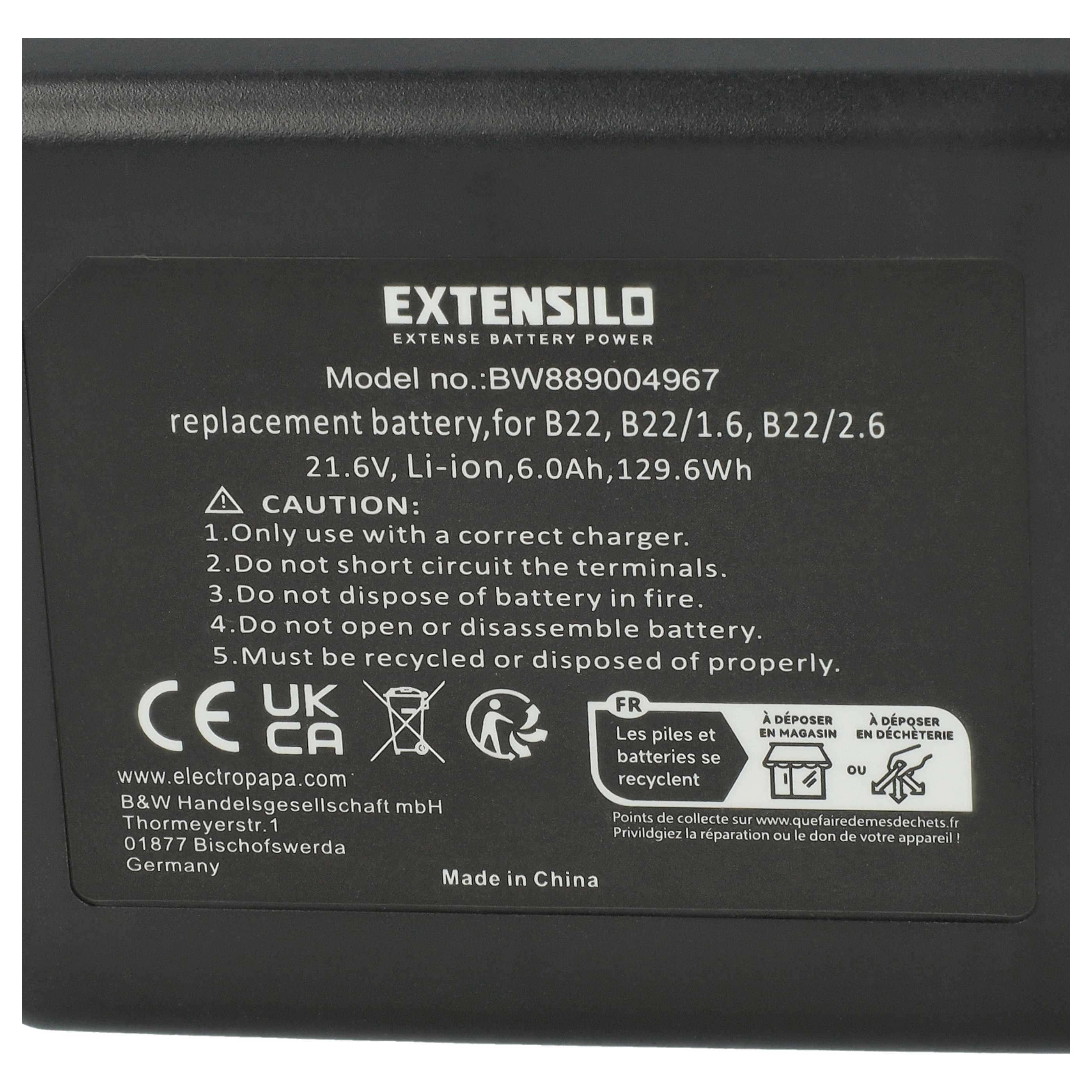 Aufkleber auf einer schwarzen Batterie mit technischen Daten, Warnhinweisen und CE-Kennzeichnung.