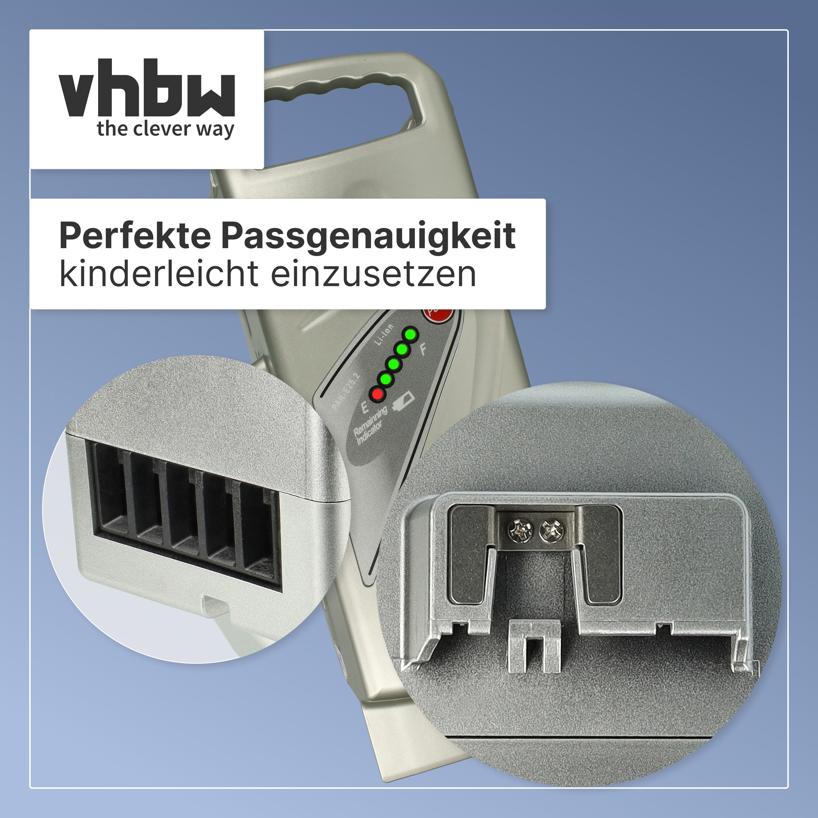 Grauer Akku mit vhbw-Logo und zwei kreisrunden Nahaufnahmen von Anschlüssen und Lüftungsschlitzen vor blauem Hintergrund.