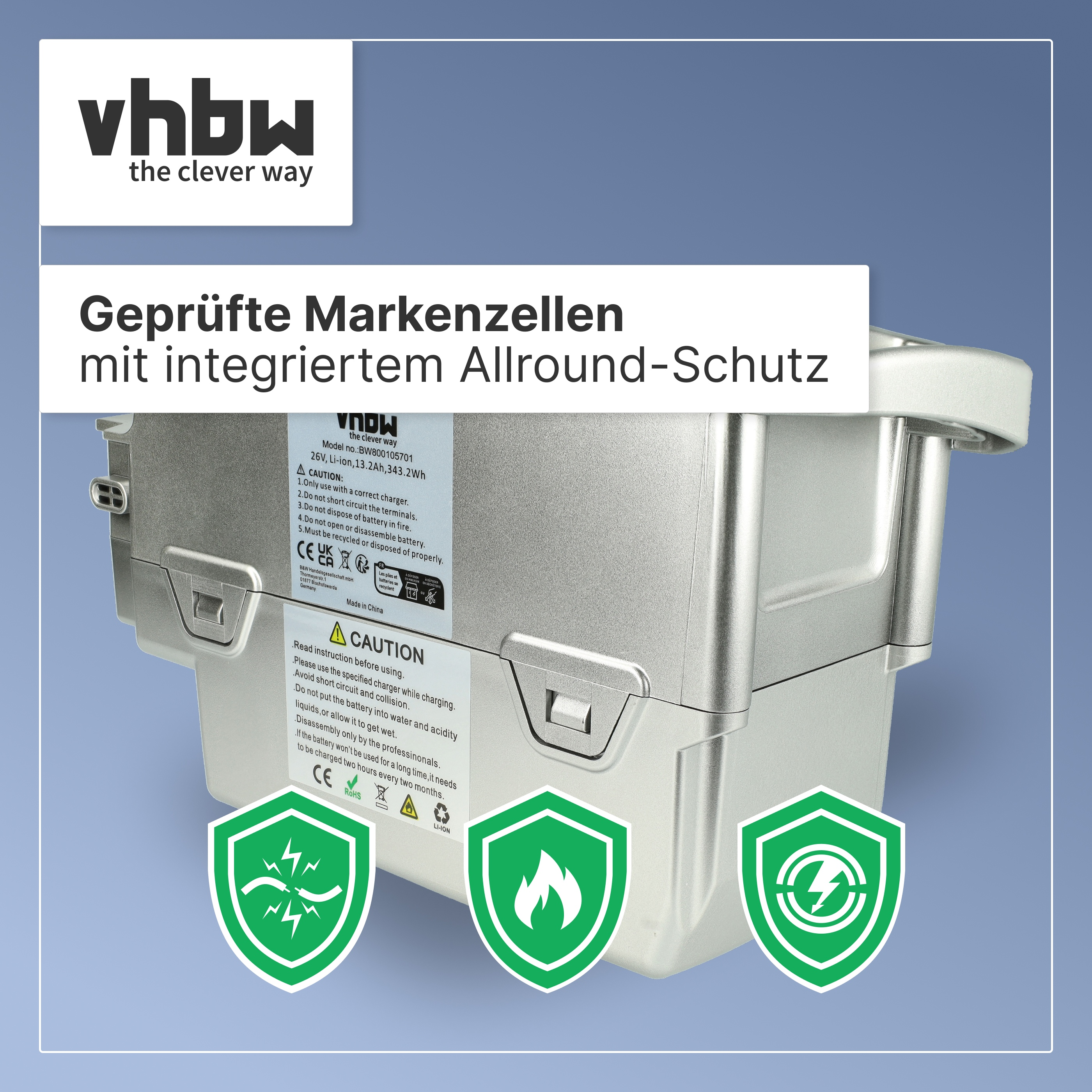 Grauer VHBW Akku mit Warnhinweisen und drei grünen Schutzschild-Symbolen davor.