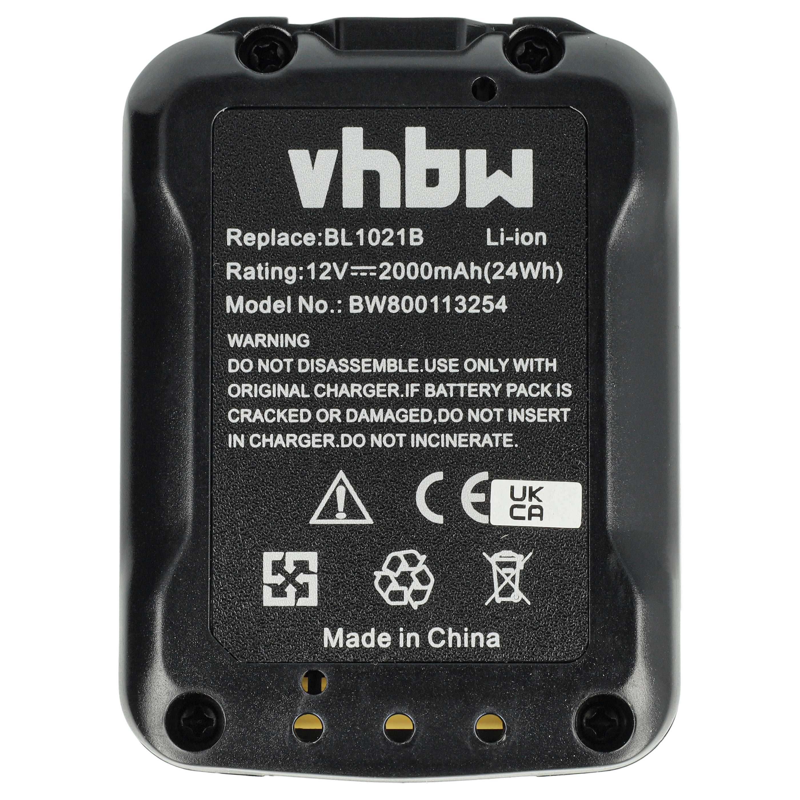Schwarze Li-Ion Batterie mit weißem Text, Warnungen und Symbolen.