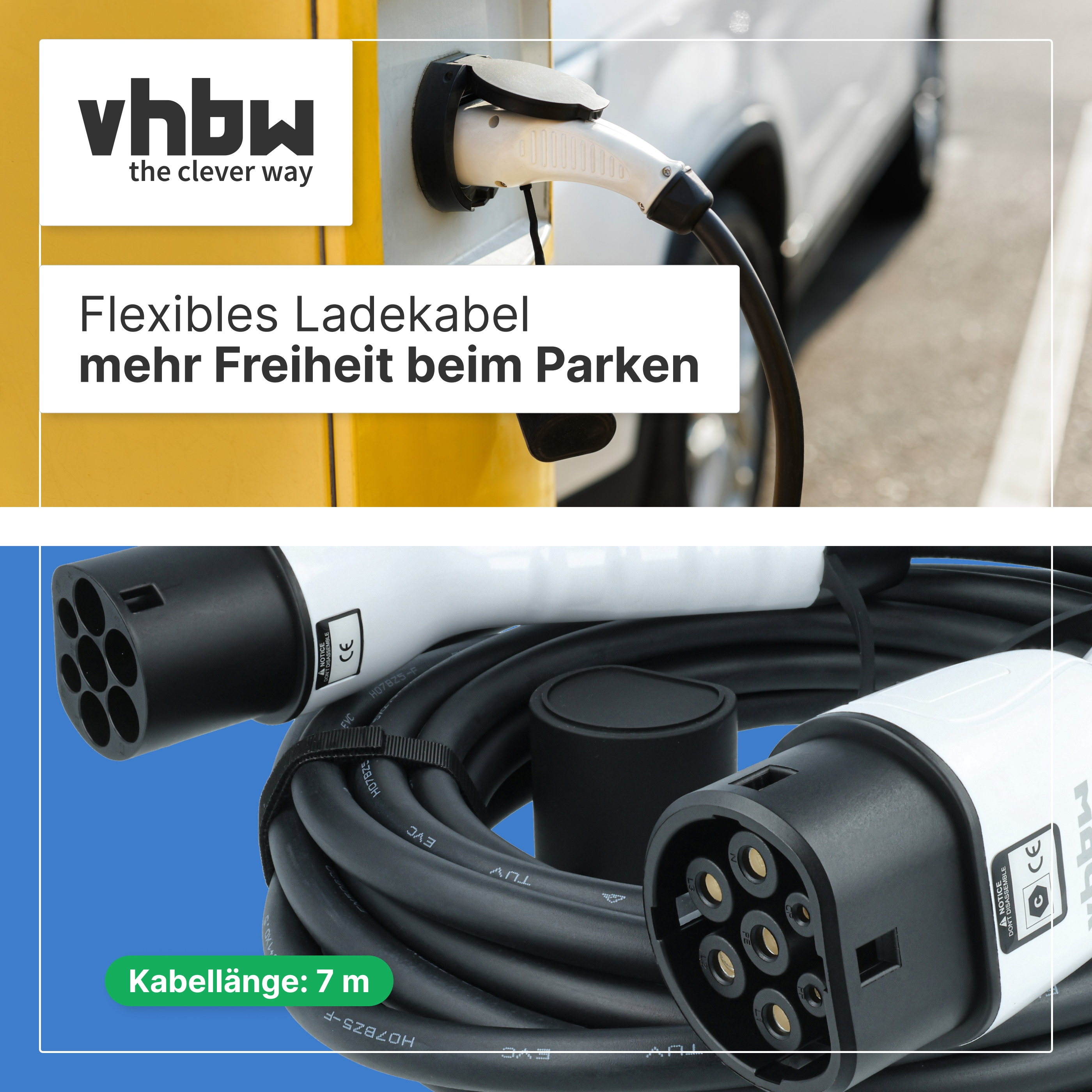 Ein weißes EV-Ladekabel mit 7m Länge, eingesteckt in eine gelbe Ladesäule und ein weißes Auto.