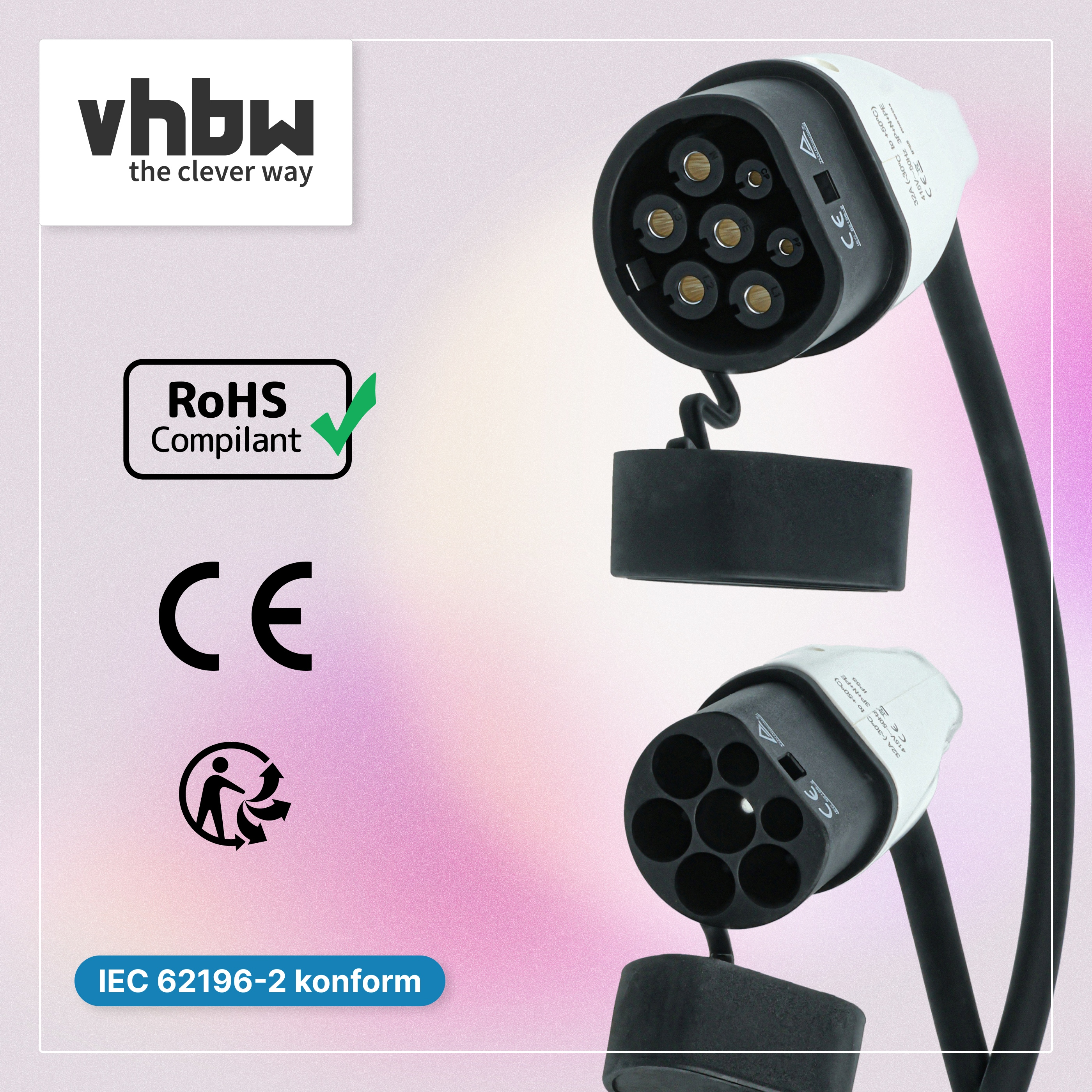 Zwei Typ-2-EV-Ladekabel mit Steckern vor rosa Hintergrund und vhbw-Logo.