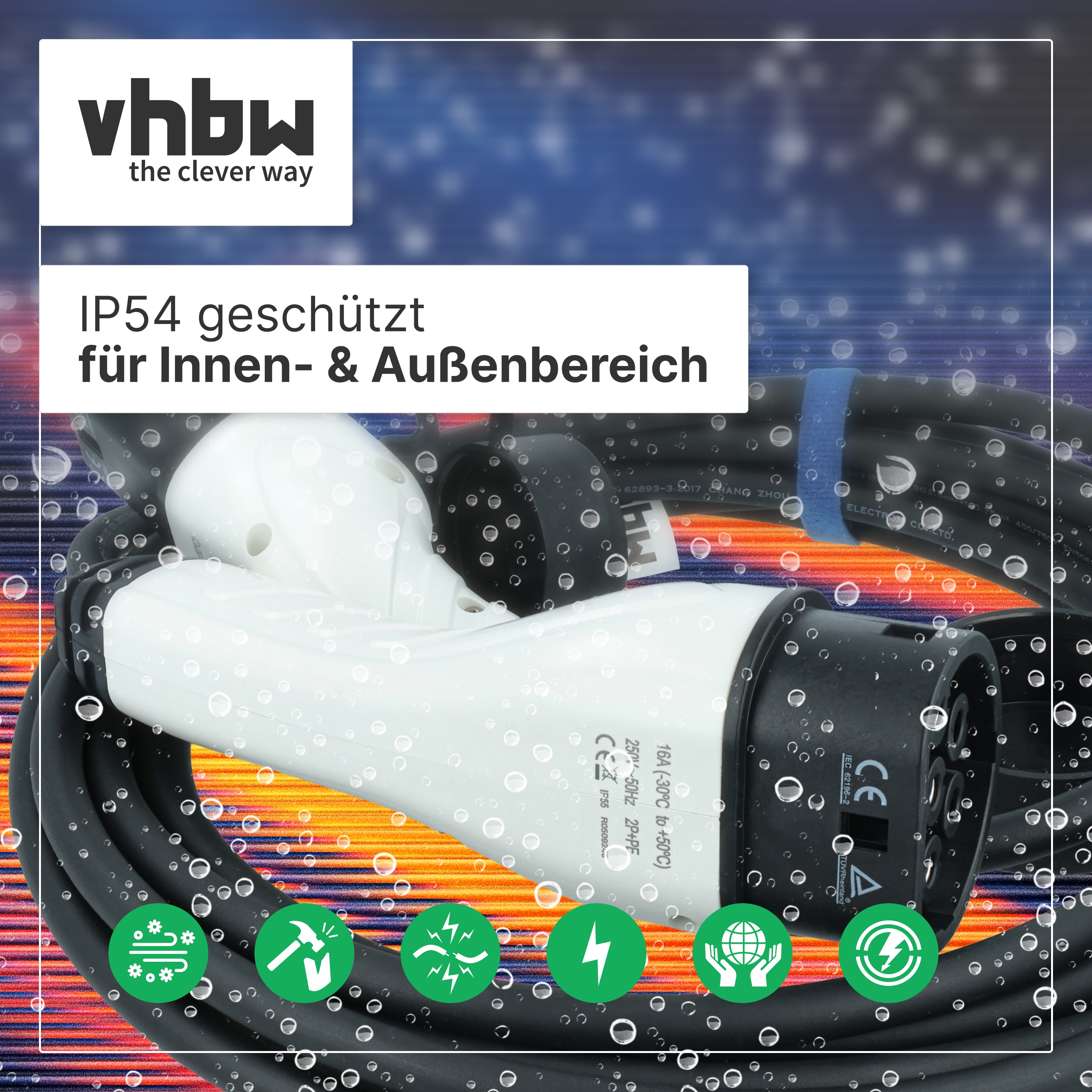 Wasserdichtes EV-Ladekabel mit Stecker für den Innen- und Außenbereich.