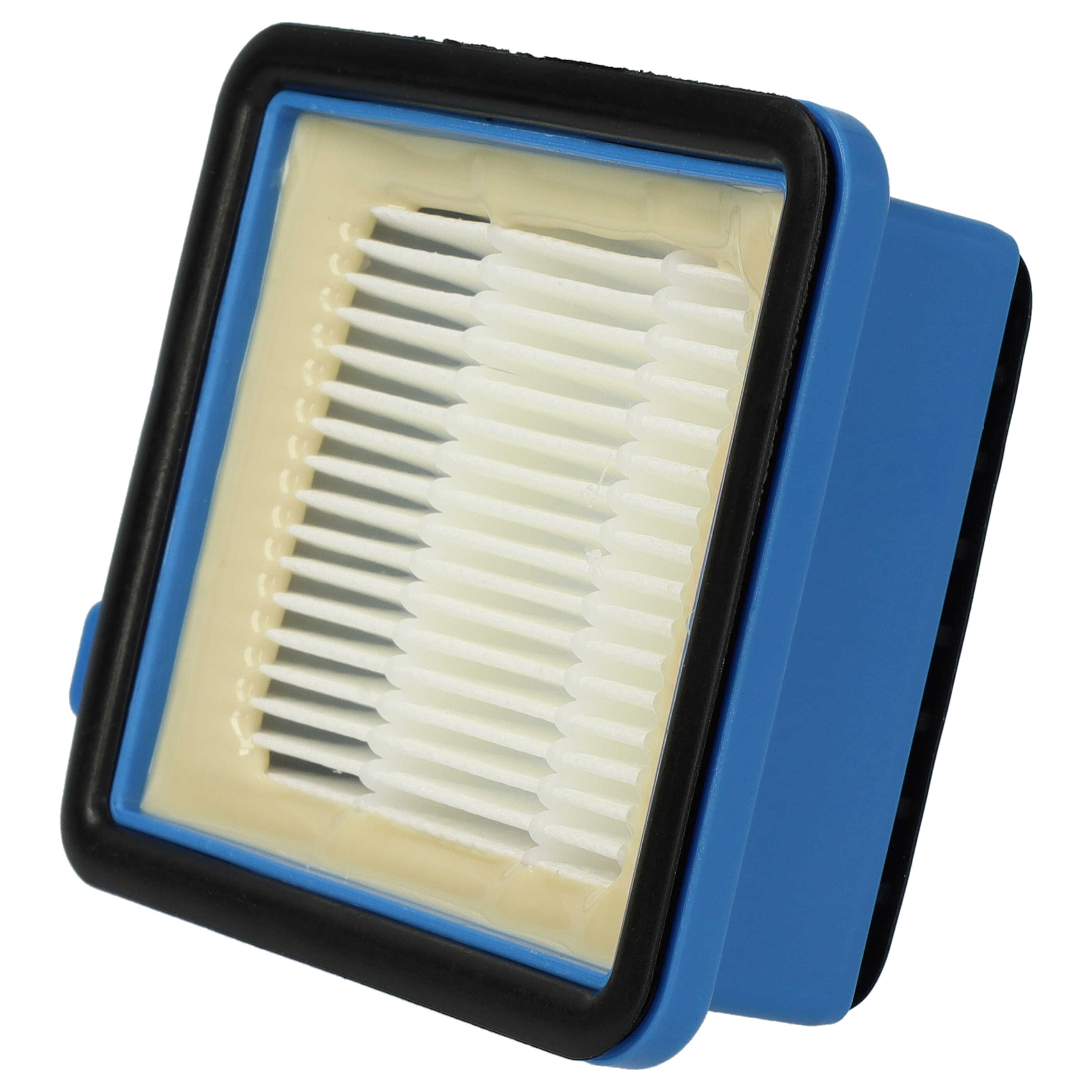 Ein blauer und schwarzer HEPA-Filter mit weißem Faltenfilterelement auf weißem Hintergrund.