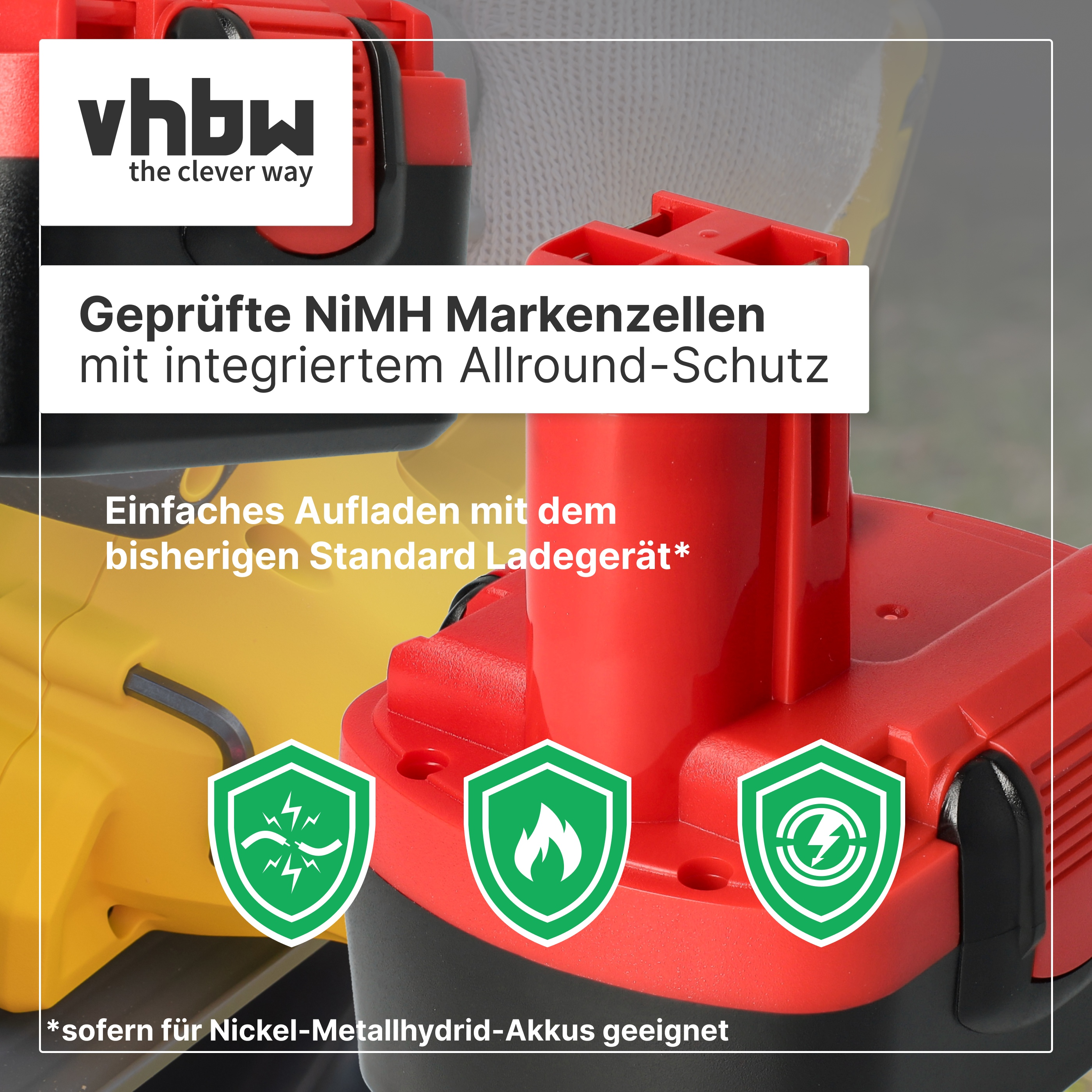 Roter und schwarzer NiMH-Akku mit vhbw-Logo und Schutz-Symbolen auf verschwommenem Hintergrund.