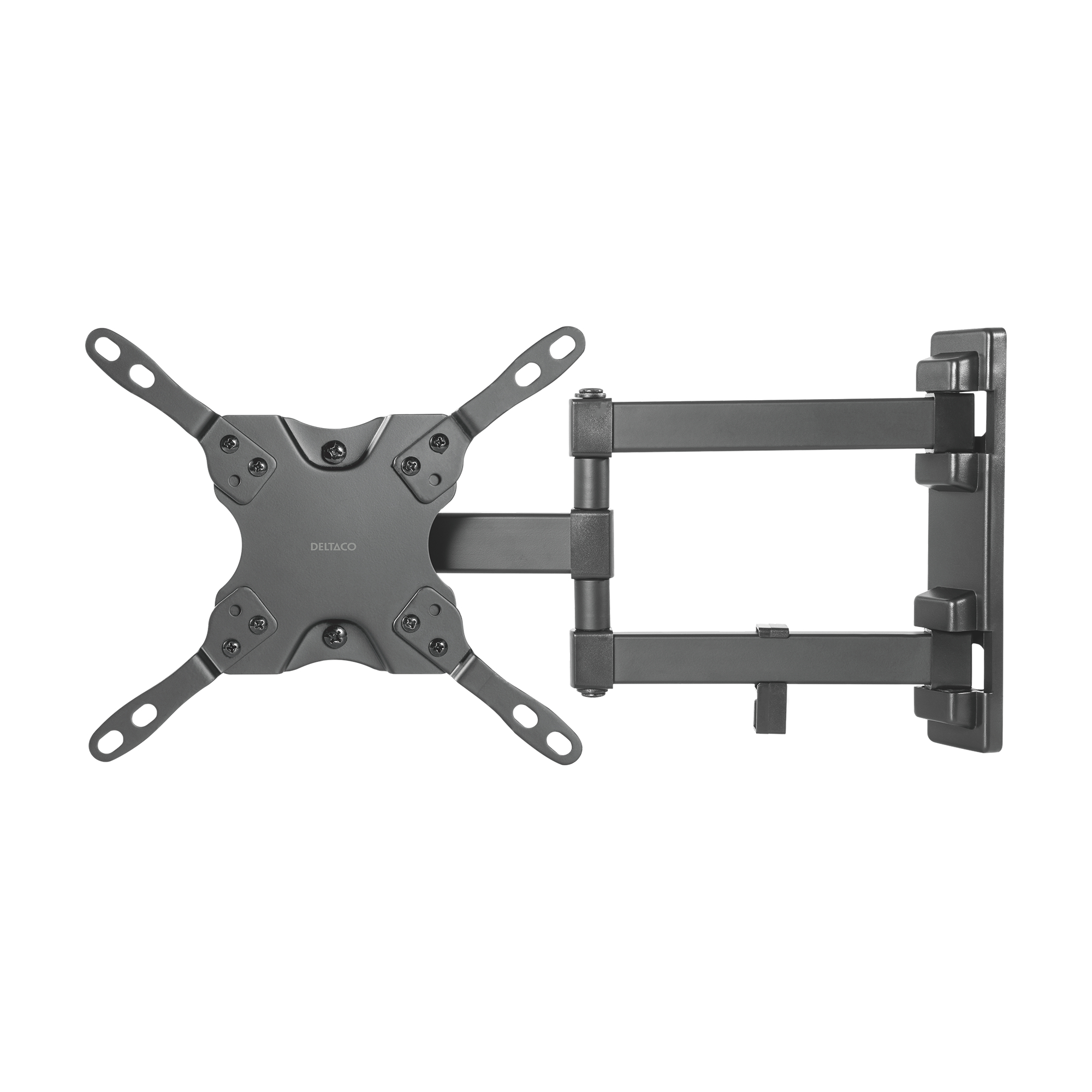 Un support mural TV articulé noir avec quatre bras extensibles et plaque de fixation sur fond blanc.