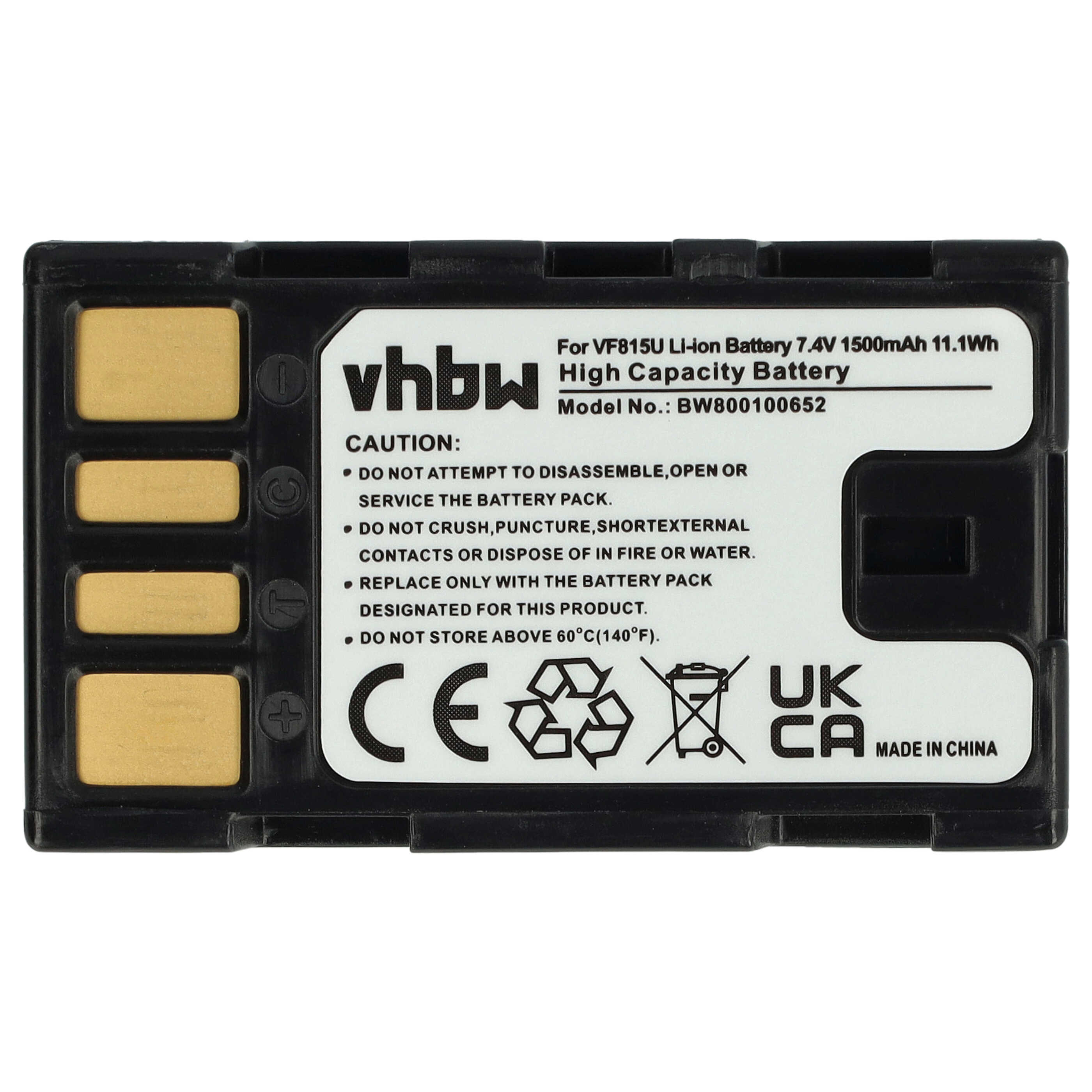 Ein schwarzer vhbw Li-Ionen-Akku mit goldenen Kontakten und Sicherheitshinweisen.