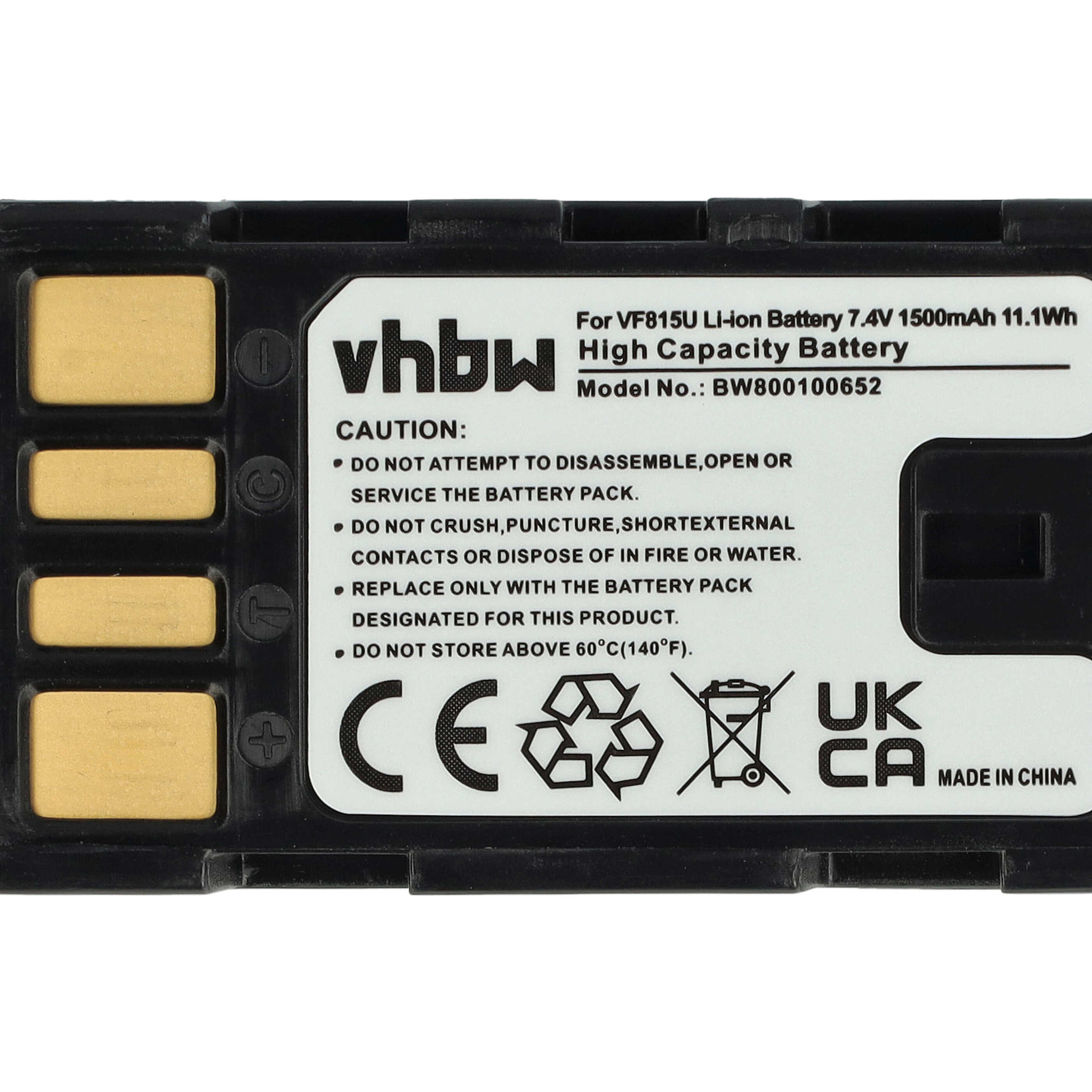 Schwarzer Vhbw Li-Ion-Akku mit technischen Daten und Warnhinweisen.